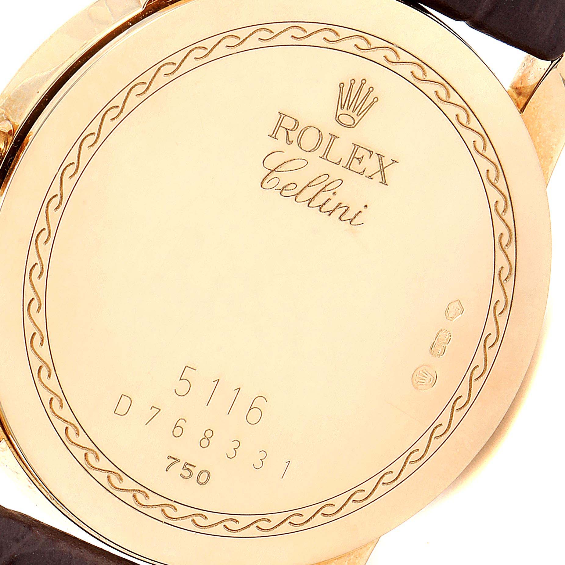 This image shows the case back of a Rolex Cellini 5116 Men's Yellow Gold Mother of Pearl Dial 5116 Men's Yellow Gold Mother of Pearl Dial watch, highlighting model and serial numbers.