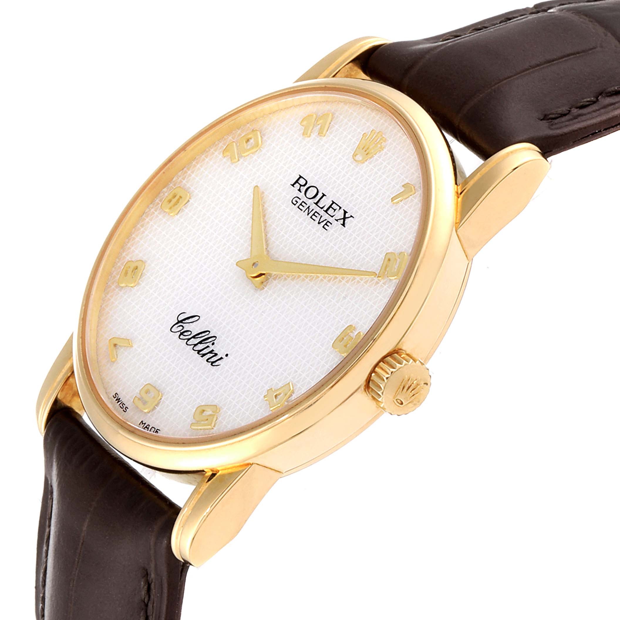 The Rolex Cellini 5116 Men's Yellow Gold Mother of Pearl Dial 5116 Men's Yellow Gold Mother of Pearl Dial watch is shown at an angle highlighting the face, golden casing, and brown leather strap.