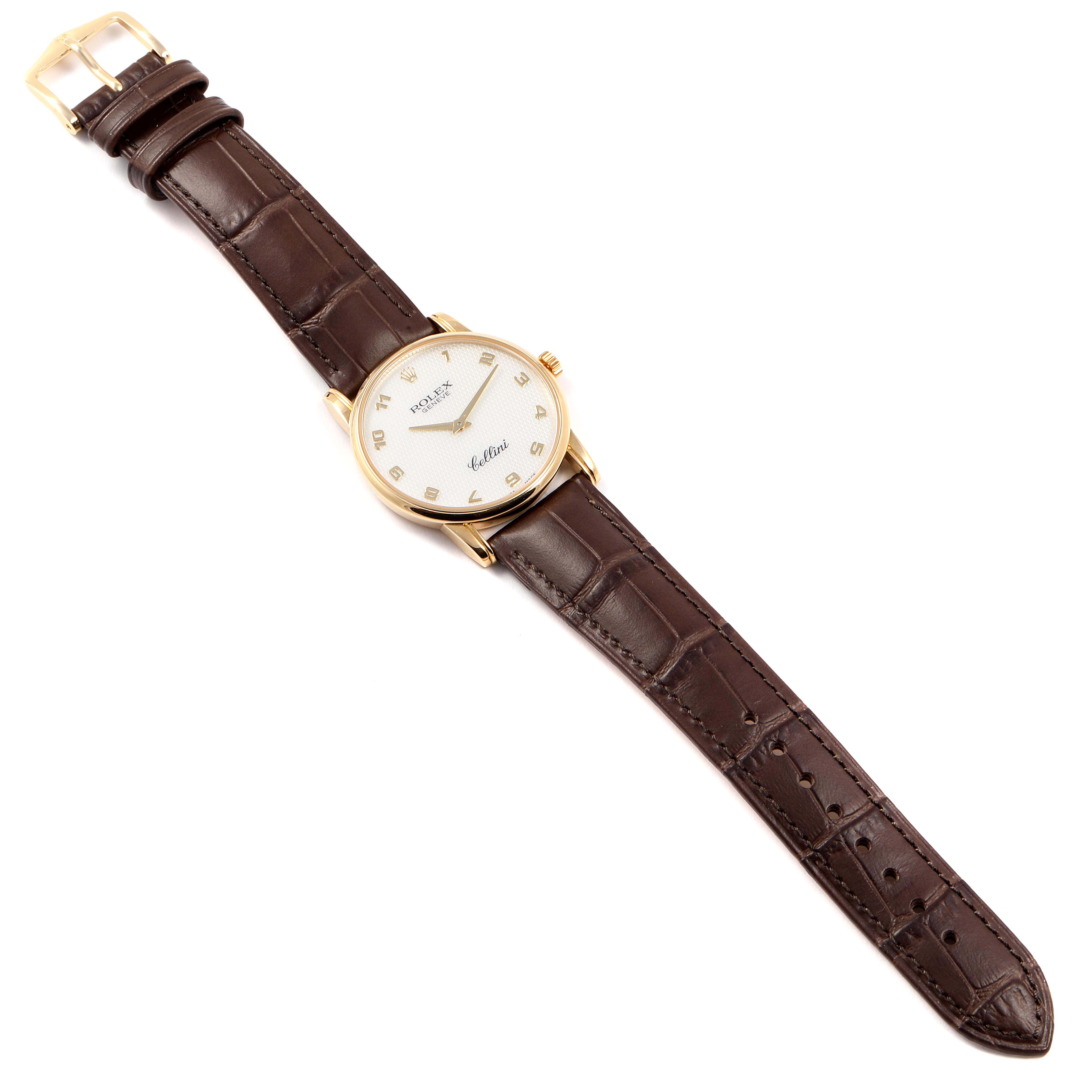 The Rolex Cellini 5116 Men's Yellow Gold Mother of Pearl Dial 5116 Men's Yellow Gold Mother of Pearl Dial watch is shown from a top-down angle, displaying its entire face and brown leather strap.