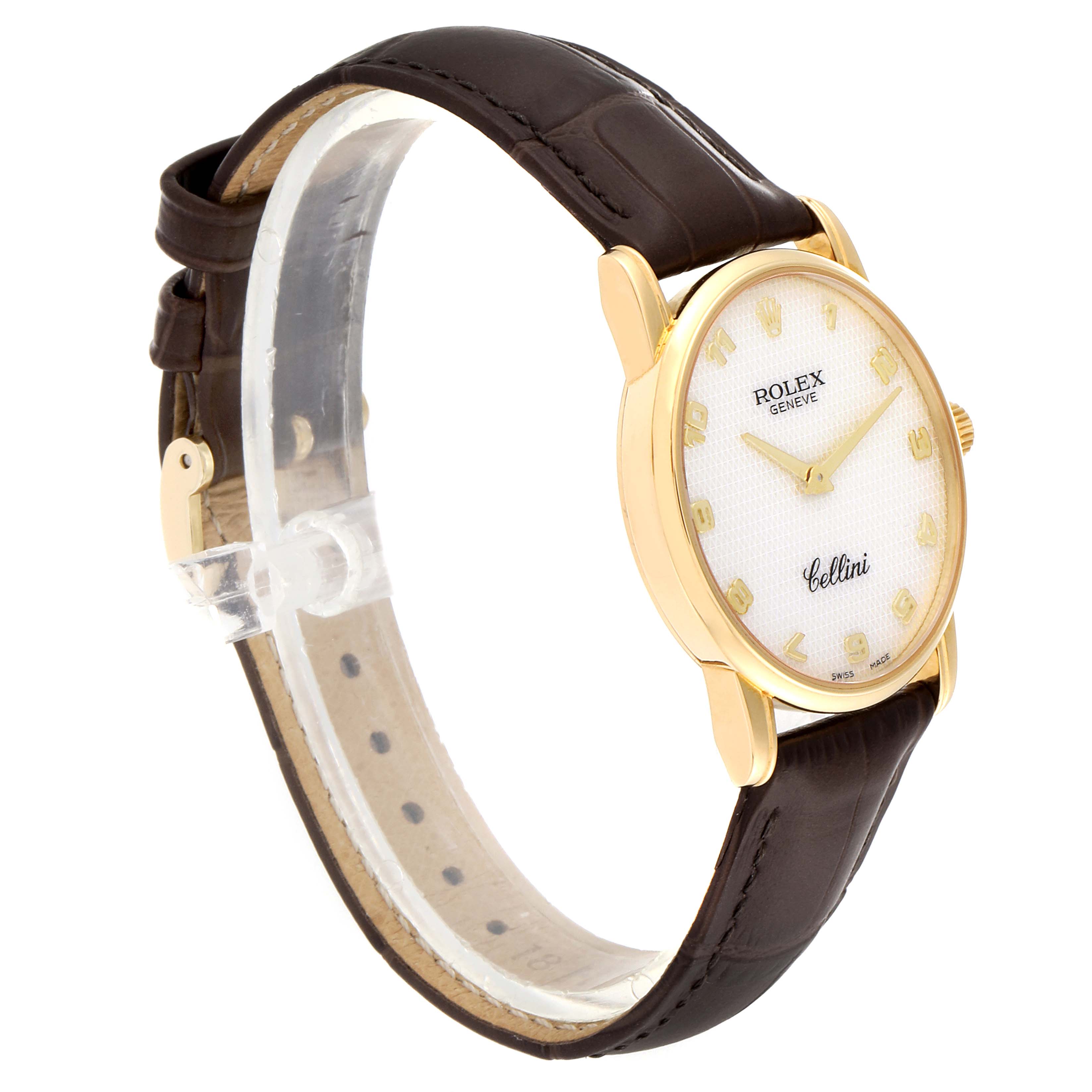 This image shows a side angle of a Rolex Cellini 5116 Men's Yellow Gold Mother of Pearl Dial 5116 Men's Yellow Gold Mother of Pearl Dial watch, highlighting its gold case, white dial, and brown leather strap.