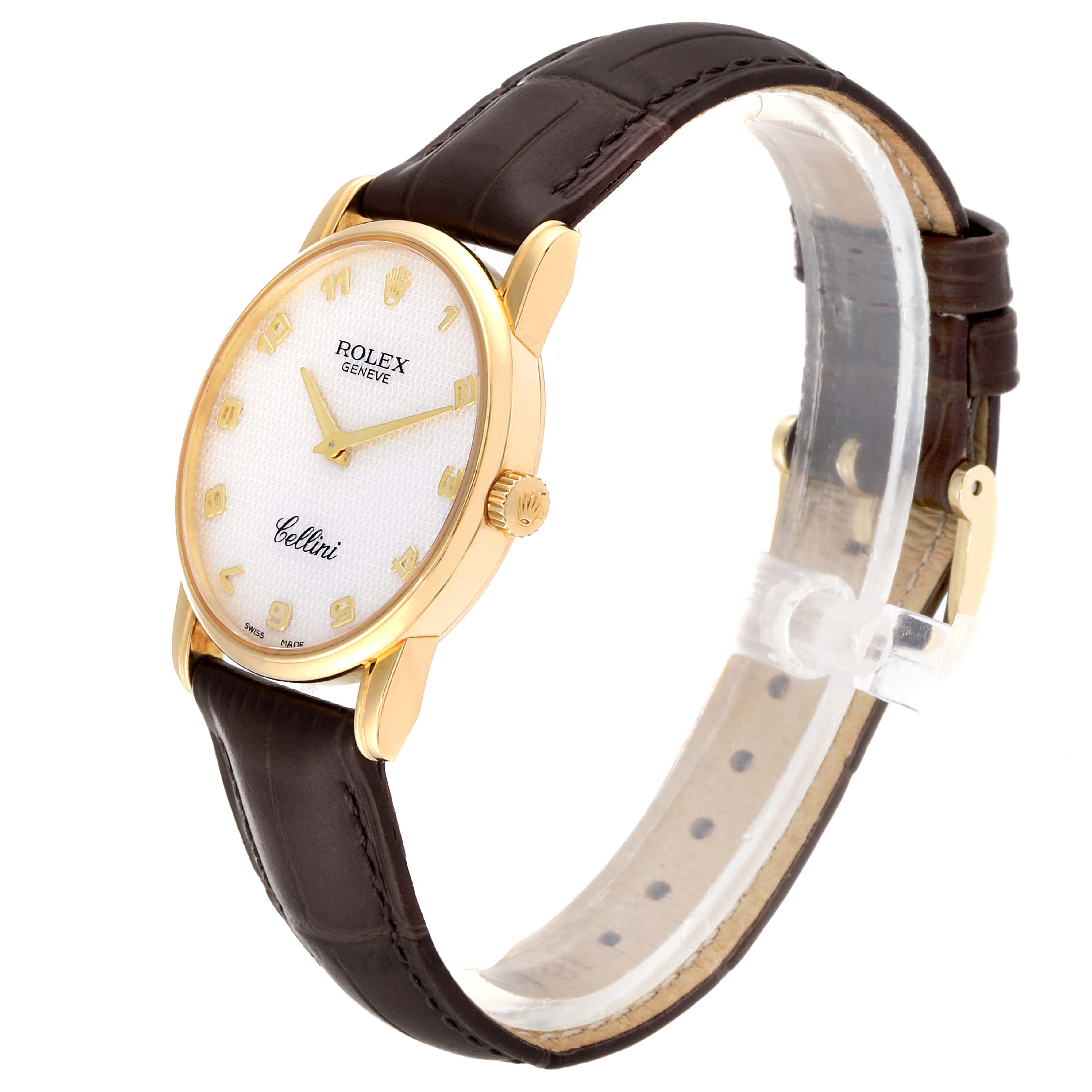 This is a Rolex Cellini 5116 Men's Yellow Gold Mother of Pearl Dial 5116 Men's Yellow Gold Mother of Pearl Dial watch, shown from a three-quarter angle, displaying its gold case, white dial, and brown leather strap.