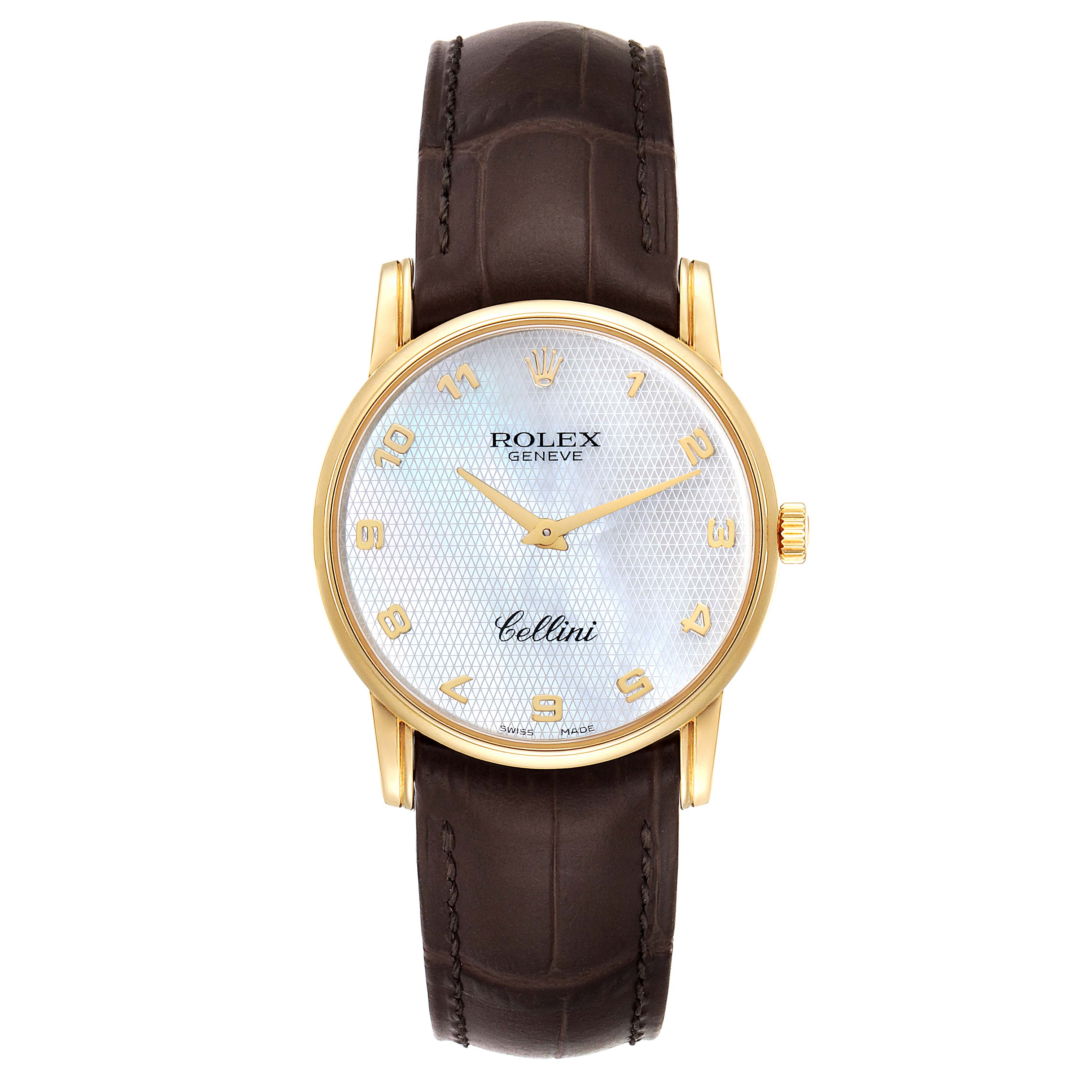 This image shows a front view of a Rolex Cellini 5116 Men's Yellow Gold Mother of Pearl Dial 5116 Men's Yellow Gold Mother of Pearl Dial watch with a gold case and brown leather strap.