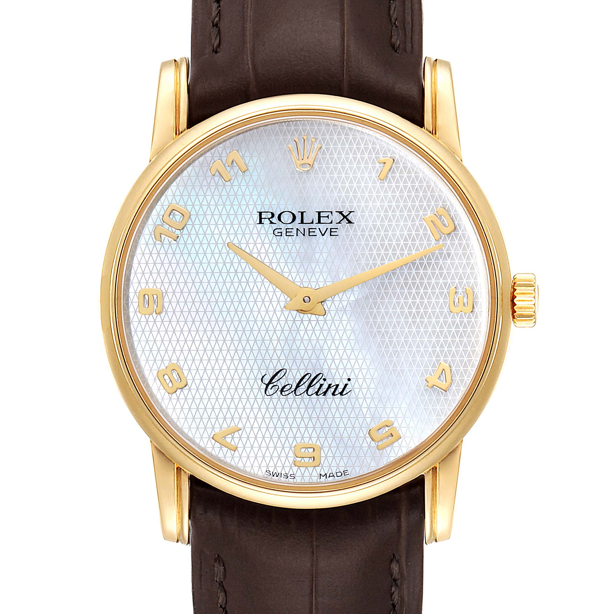 The Rolex Cellini 5116 Men's Yellow Gold Mother of Pearl Dial 5116 Men's Yellow Gold Mother of Pearl Dial watch is shown from a straight-on angle, displaying its dial, hands, crown, and leather strap.