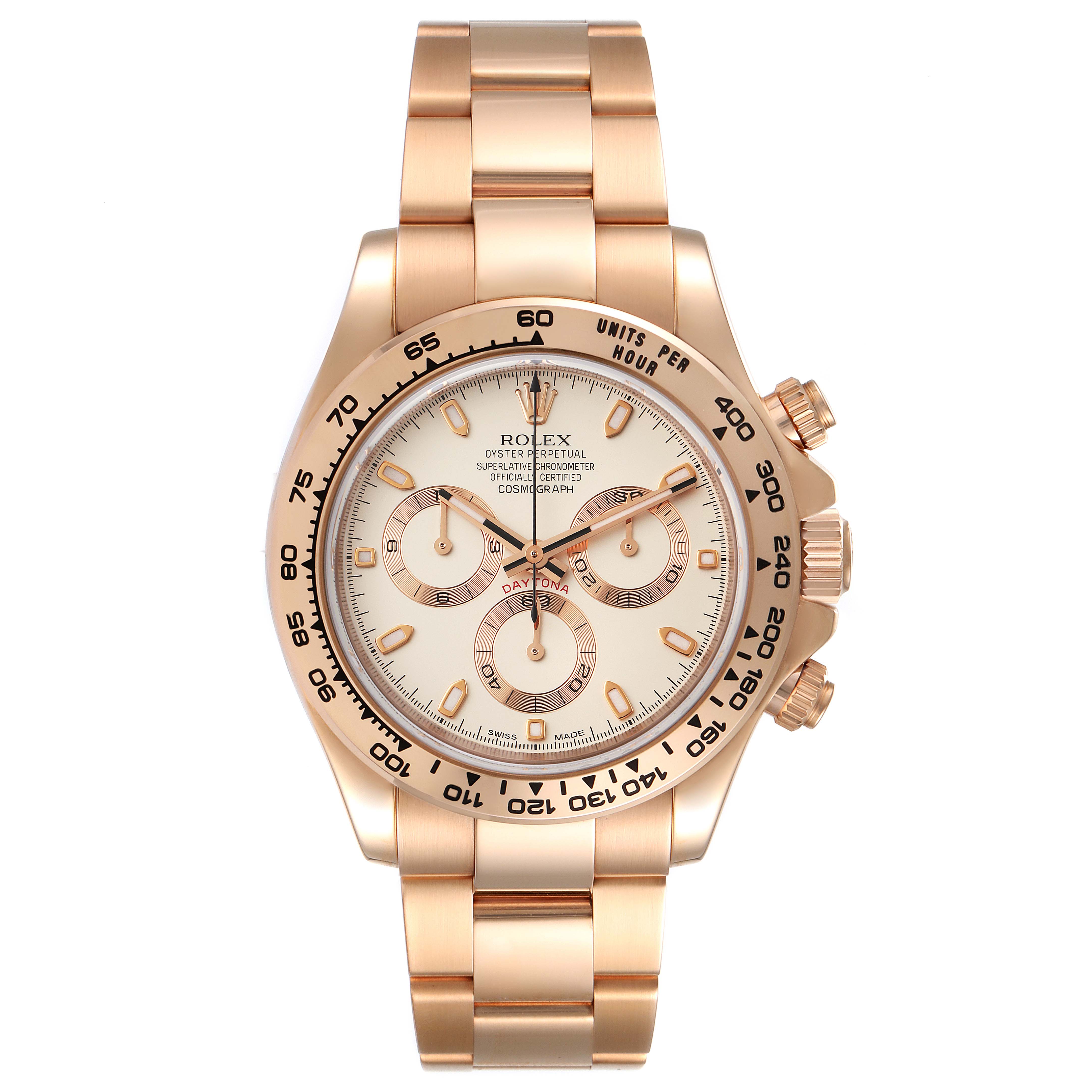 This image shows a frontal view of a Rolex Daytona 116505 Men's Rose Gold Silver Dial 116505 Men's Rose Gold Silver Dial model, highlighting its case, dial, bracelet, and chronograph features.
