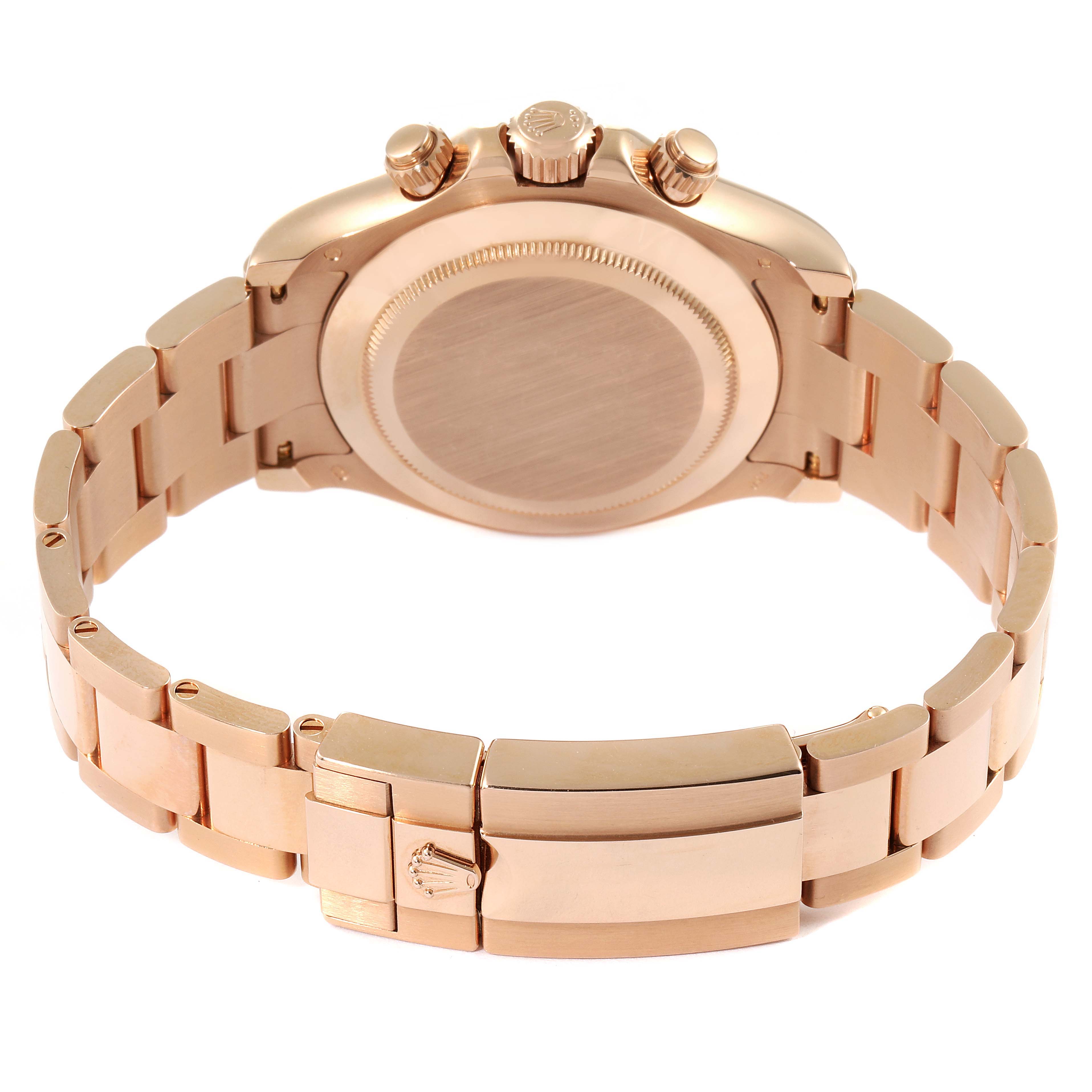 This image shows the back case and bracelet of a Rolex Daytona 116505 Men's Rose Gold Silver Dial 116505 Men's Rose Gold Silver Dial watch from a rear angle.