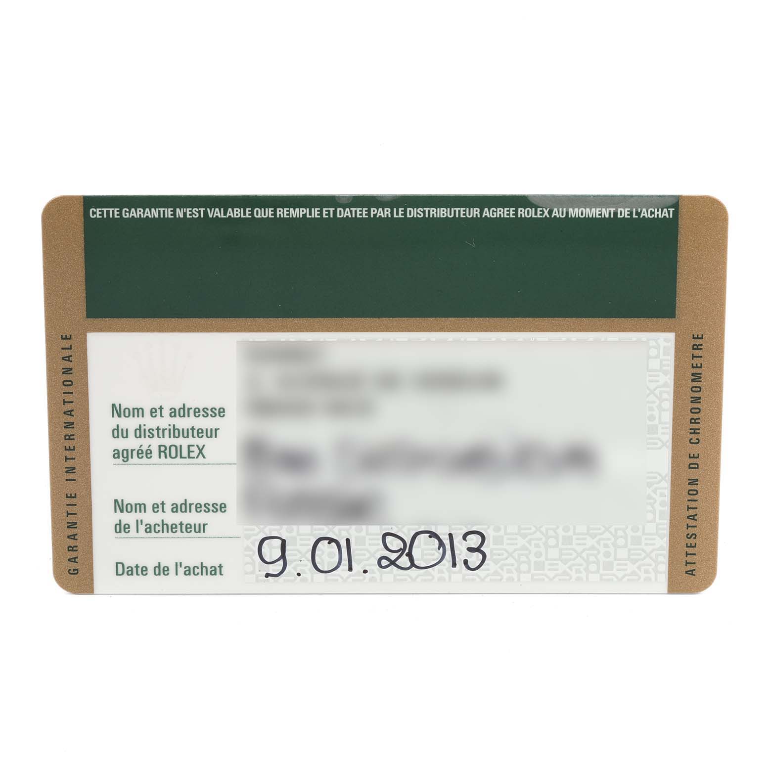 This image shows a warranty card for the Rolex Daytona 116505 Men's Rose Gold Silver Dial 116505 Men's Rose Gold Silver Dial model.