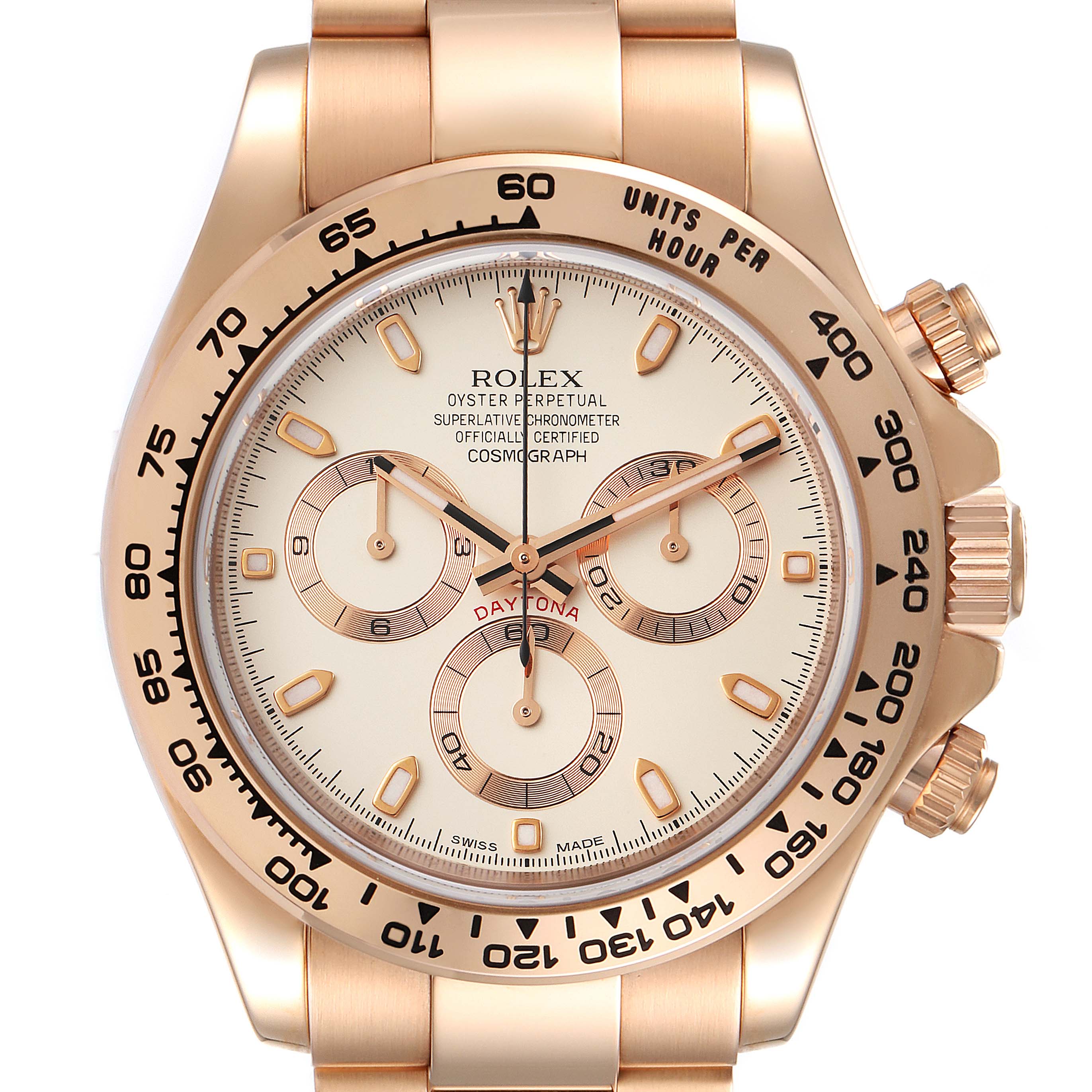 This image shows the front view of a Rolex Daytona 116505 Men's Rose Gold Silver Dial 116505 Men's Rose Gold Silver Dial watch, highlighting its dial, bezel, and bracelet.