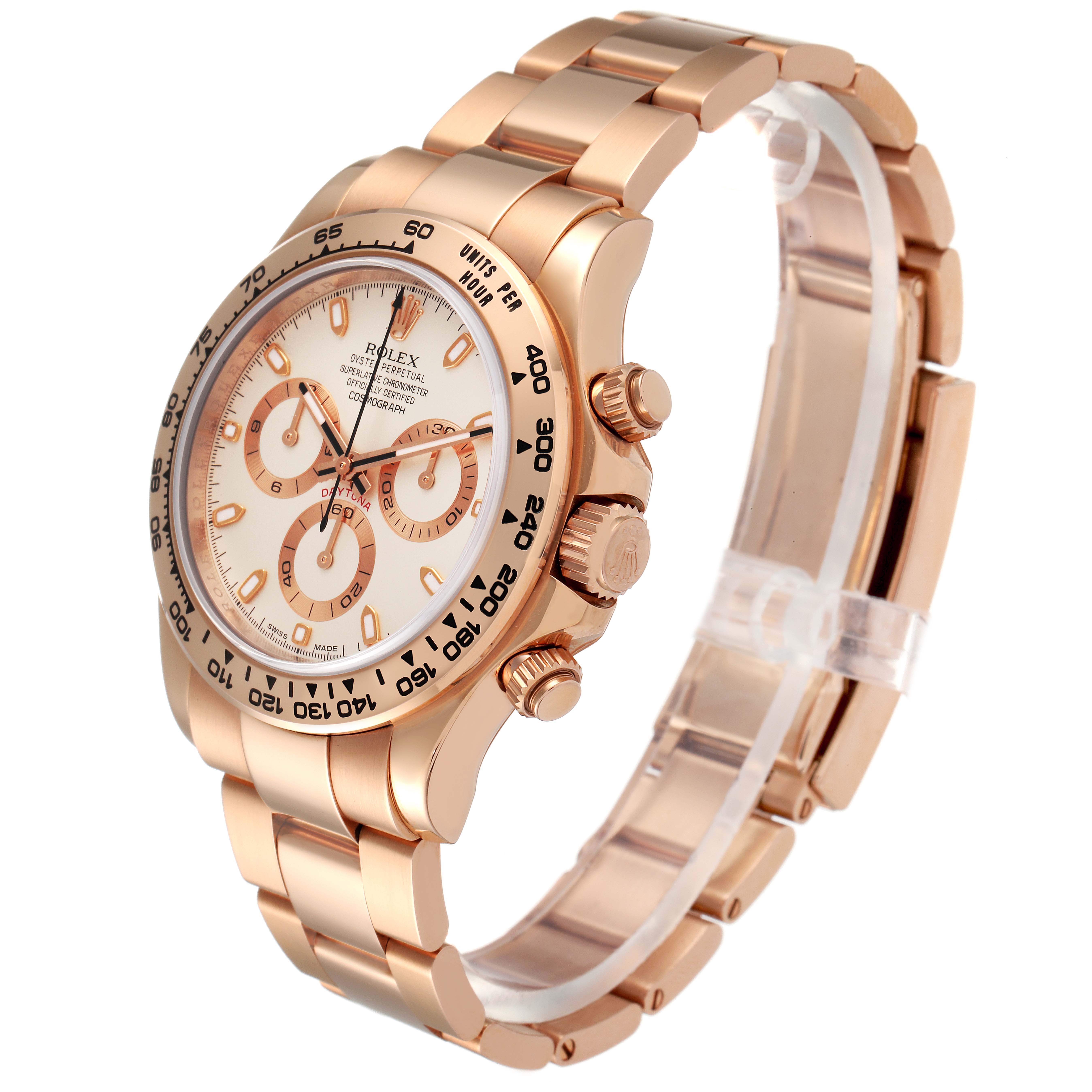 The image shows a Rolex Daytona 116505 Men's Rose Gold Silver Dial 116505 Men's Rose Gold Silver Dial watch, angled to display the face, bezel, and part of the bracelet.