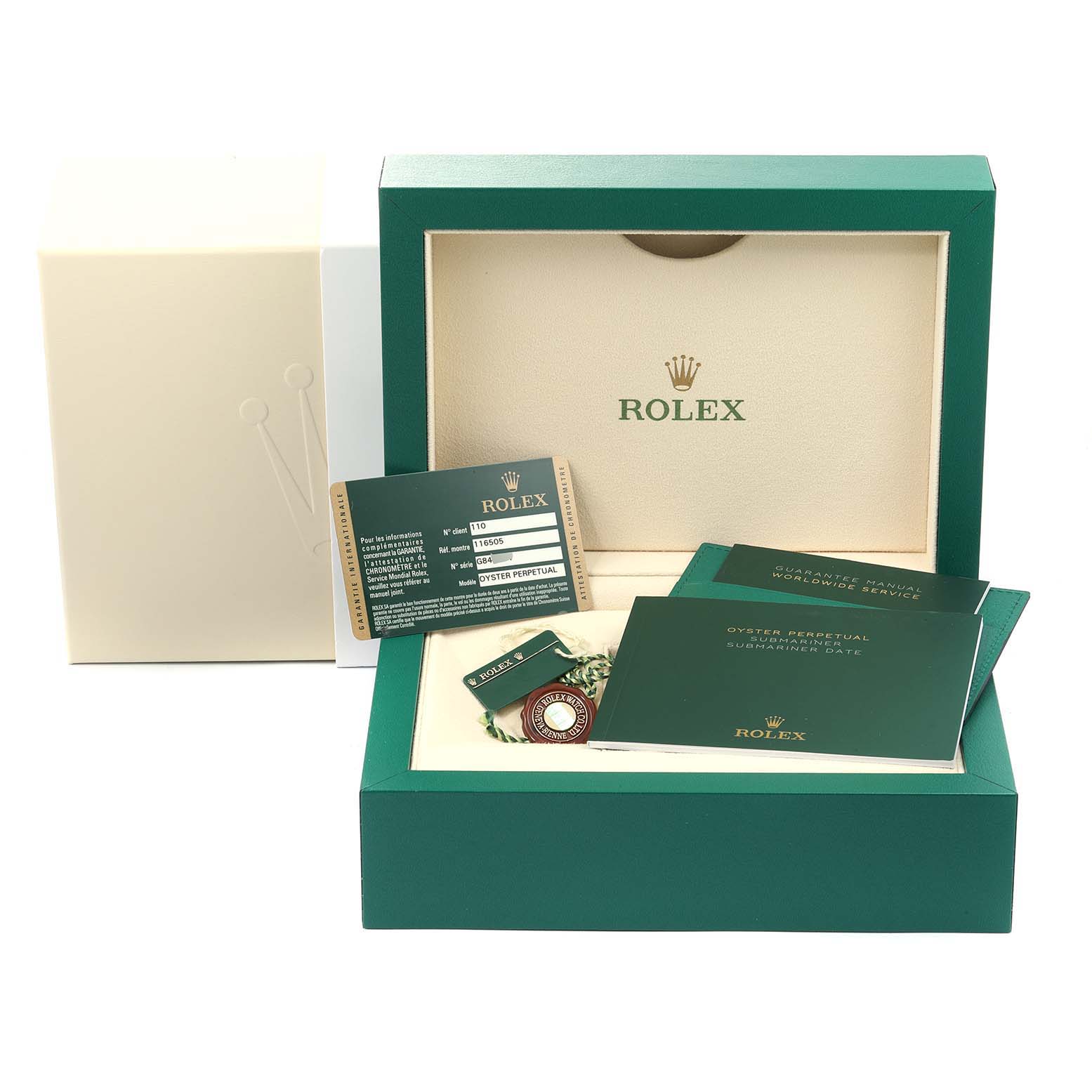 The image shows the packaging and accessories for a Rolex Daytona 116505 Men's Rose Gold Silver Dial 116505 Men's Rose Gold Silver Dial watch, including manuals and certificates.
