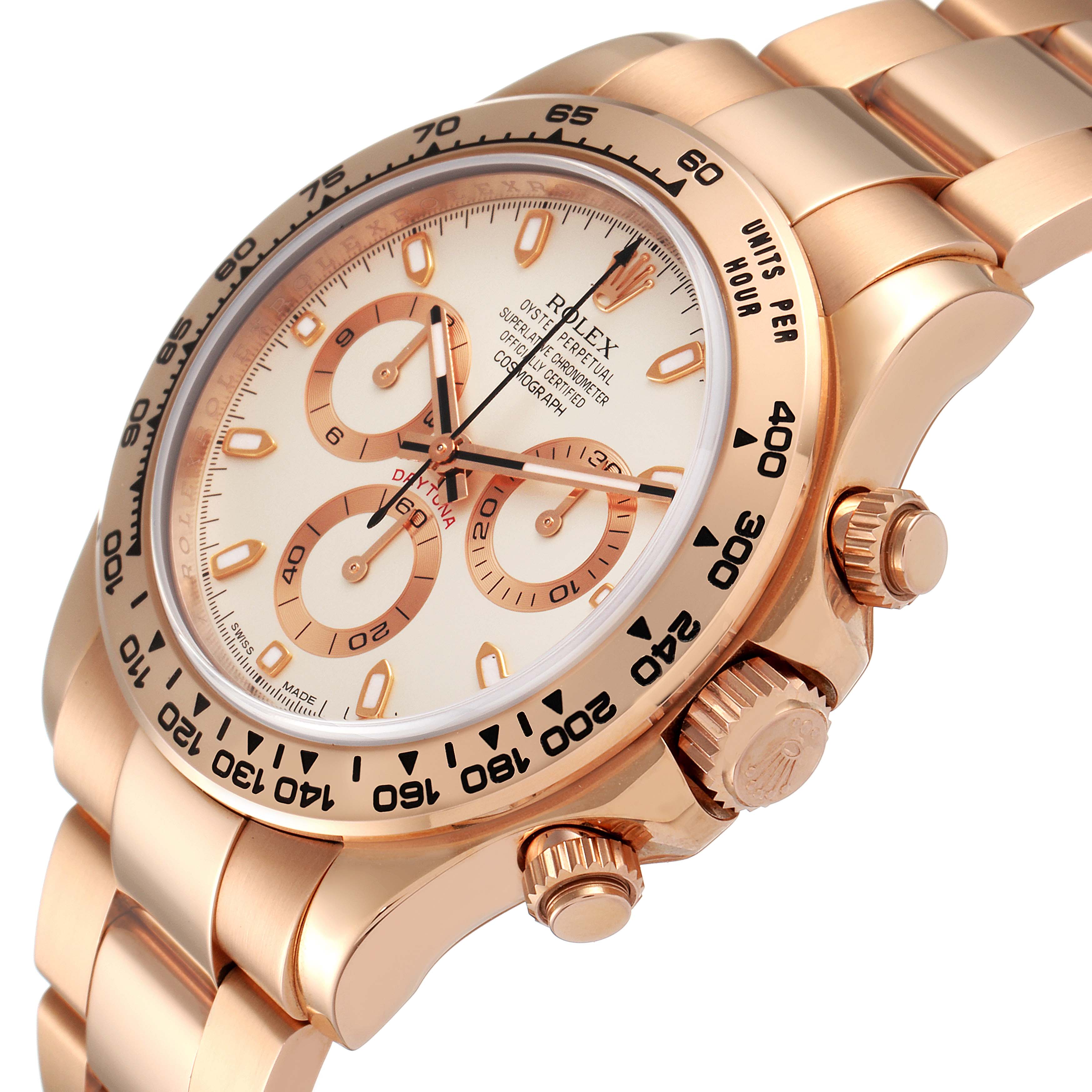 The image shows a close-up, angled view of the dial, bezel, and band of a Rolex Daytona 116505 Men's Rose Gold Silver Dial 116505 Men's Rose Gold Silver Dial watch.