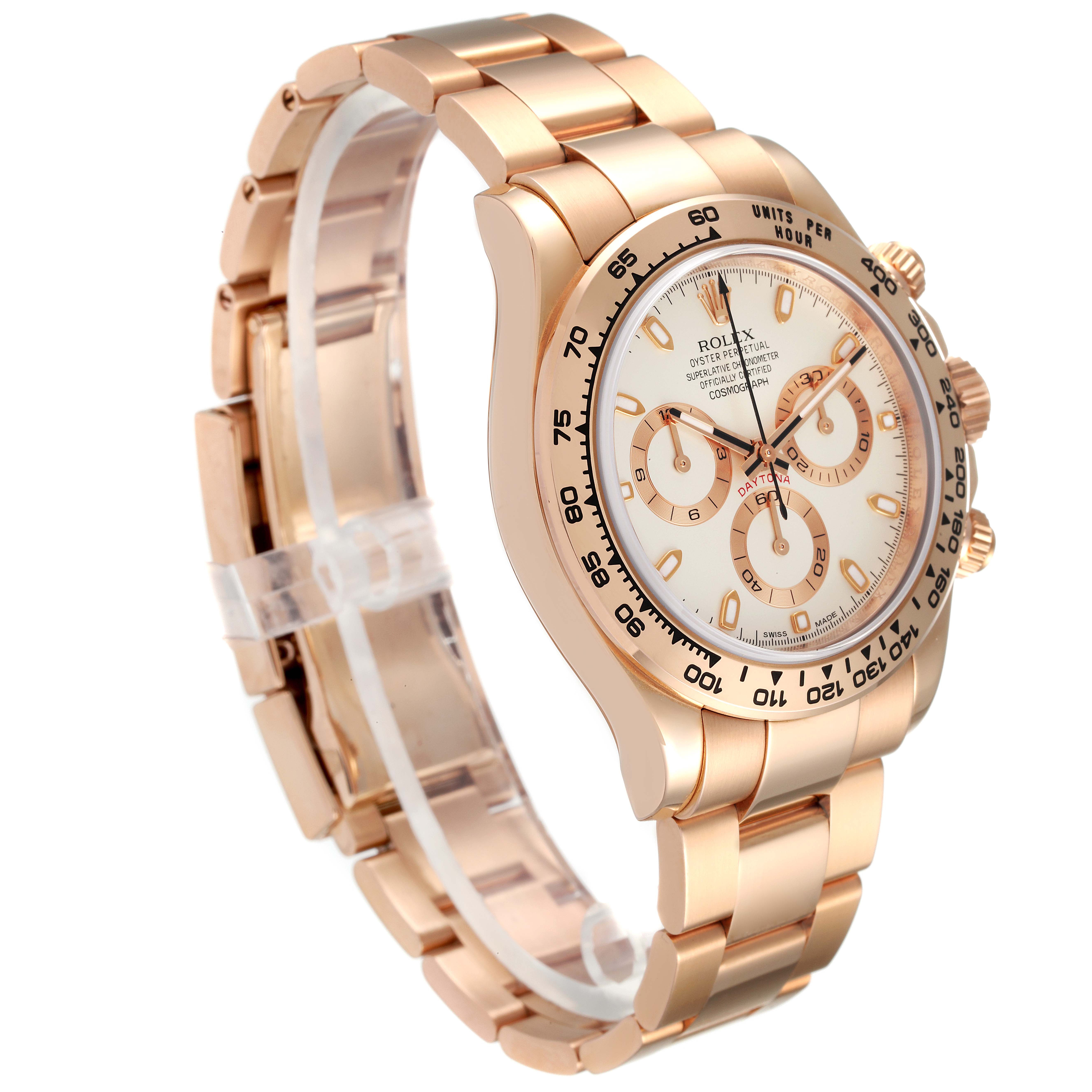The image shows a Rolex Daytona 116505 Men's Rose Gold Silver Dial 116505 Men's Rose Gold Silver Dial watch at an angle highlighting the dial, bezel, case, and part of the bracelet.