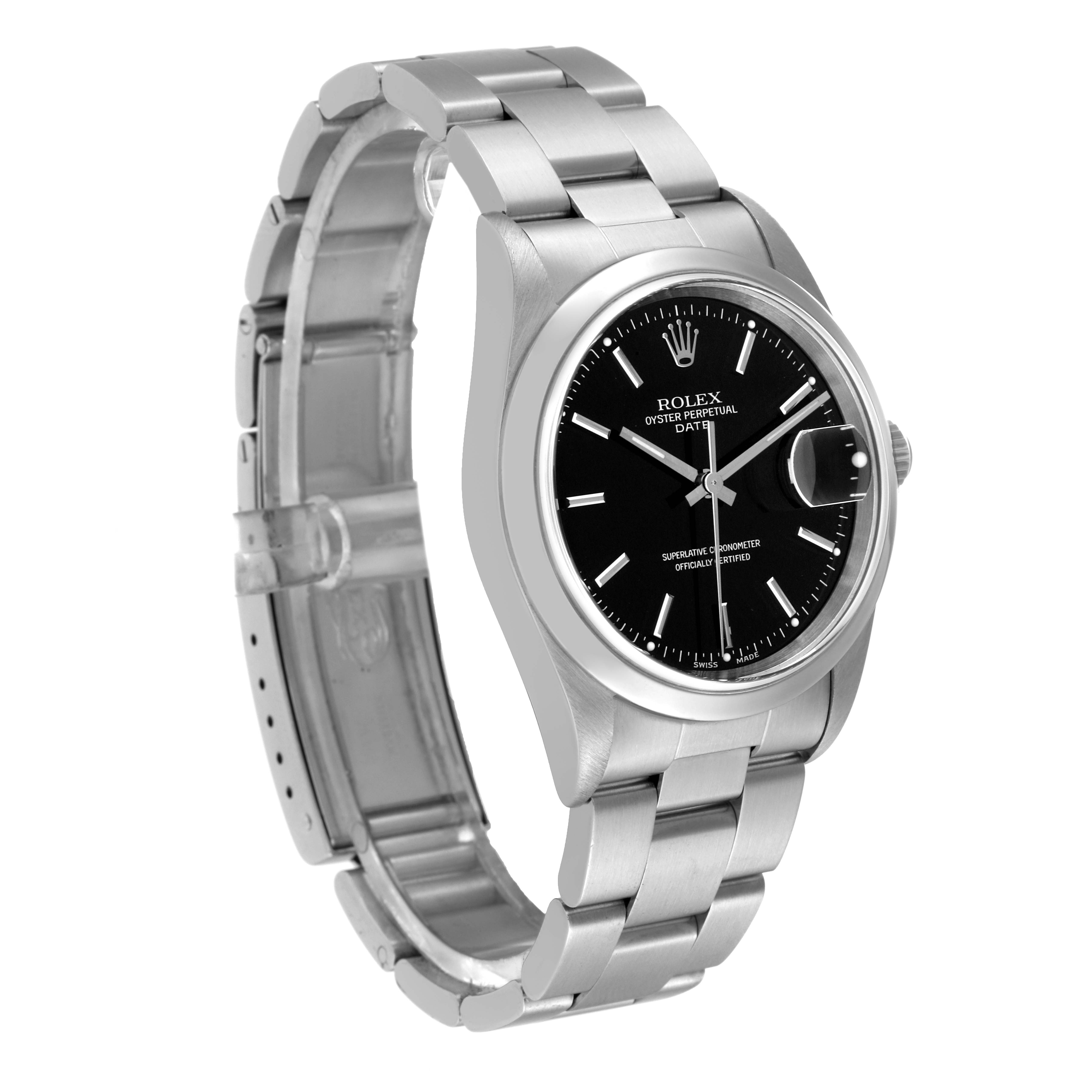 The image shows a side angle of the Rolex Date 15200 Men's Stainless Steel Black Dial 15200 Men's Stainless Steel Black Dial model, highlighting its stainless steel bracelet and black dial.