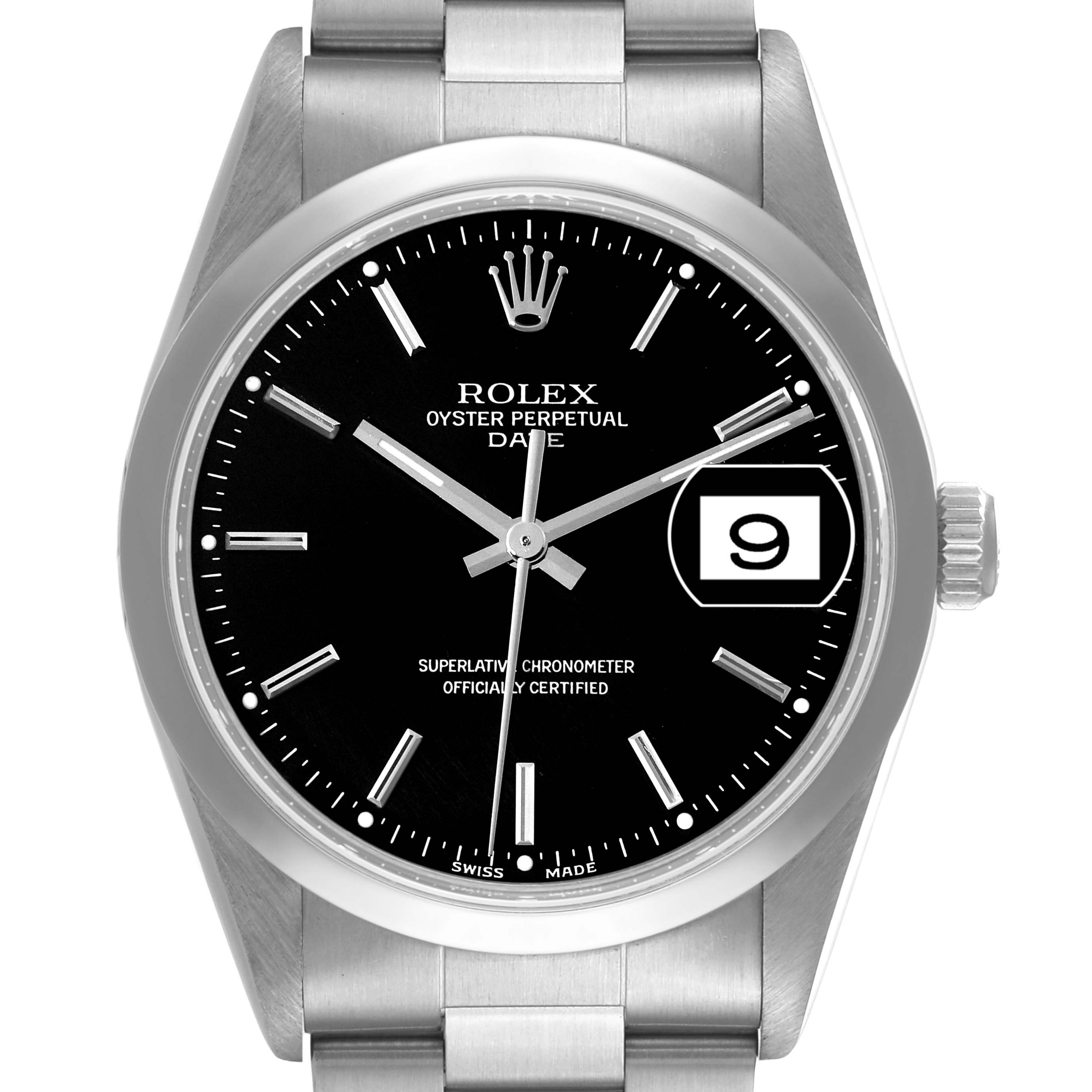 The Rolex Date 15200 Men's Stainless Steel Black Dial 15200 Men's Stainless Steel Black Dial's black dial, bezel, crown, and stainless steel bracelet are shown from a front angle.