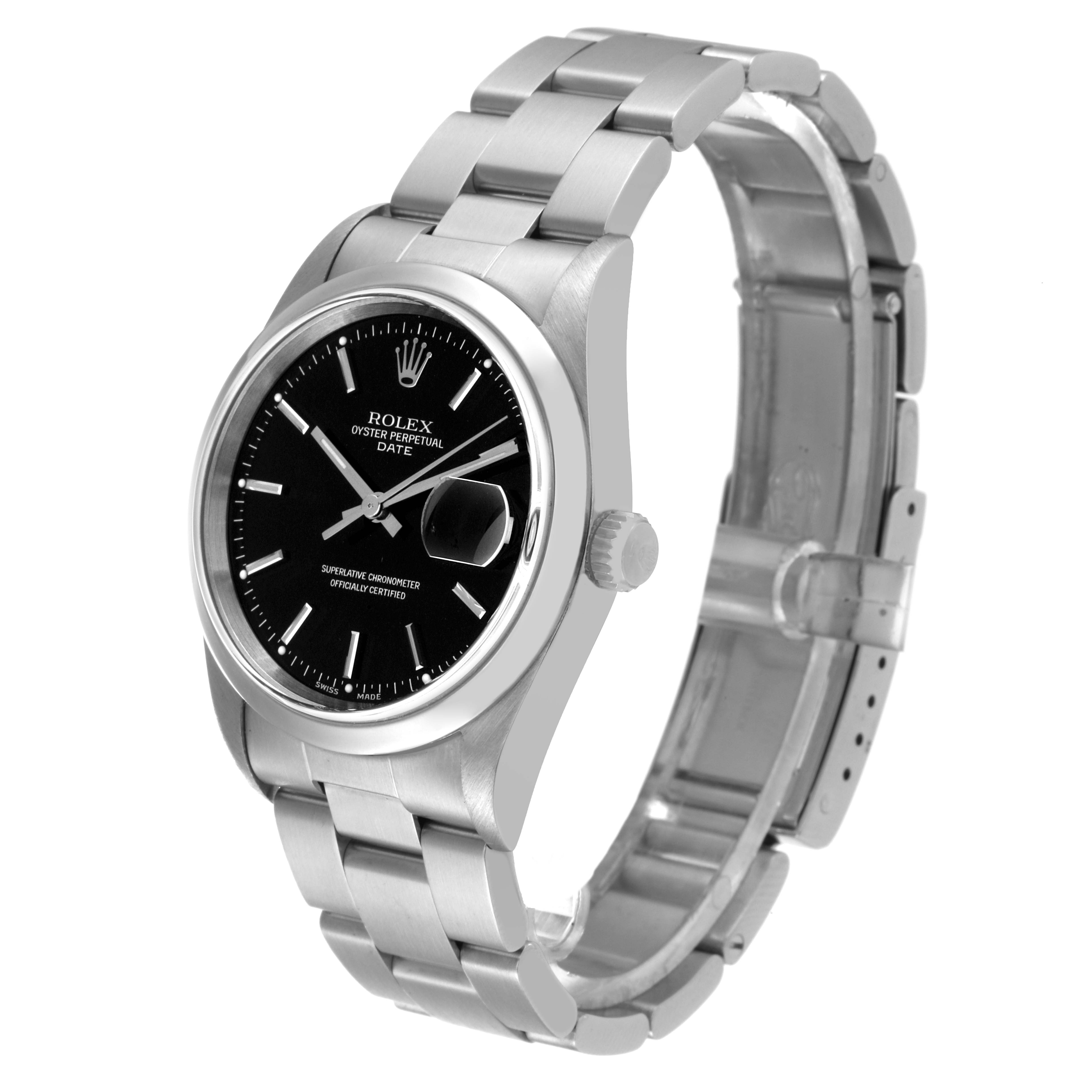 The Rolex Date 15200 Men's Stainless Steel Black Dial 15200 Men's Stainless Steel Black Dial model watch is shown at a slight angle, displaying the face, bezel, and partially extended bracelet.