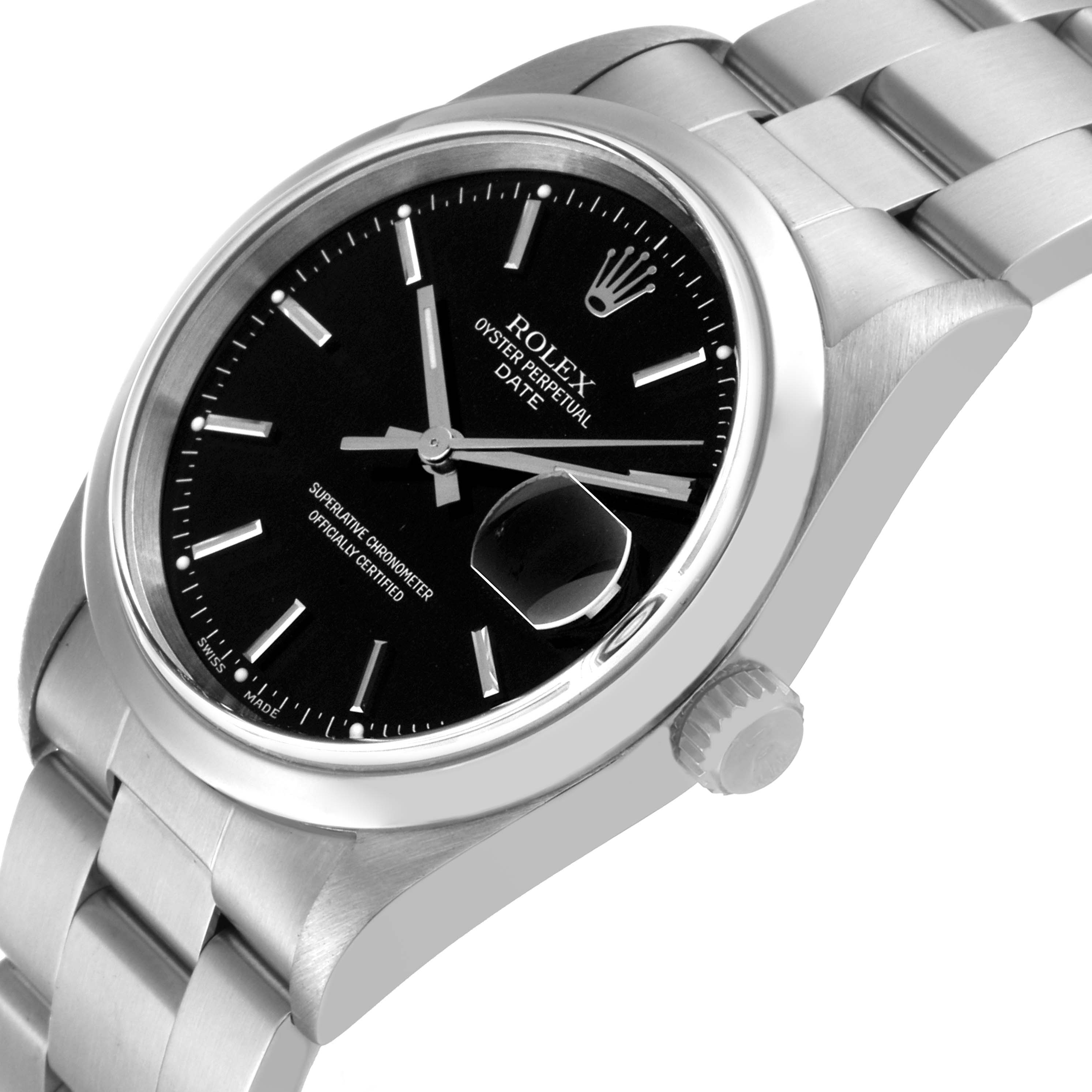 The Rolex Date 15200 Men's Stainless Steel Black Dial 15200 Men's Stainless Steel Black Dial model watch is shown at an angled side view, displaying the face, bezel, crown, and part of the bracelet.