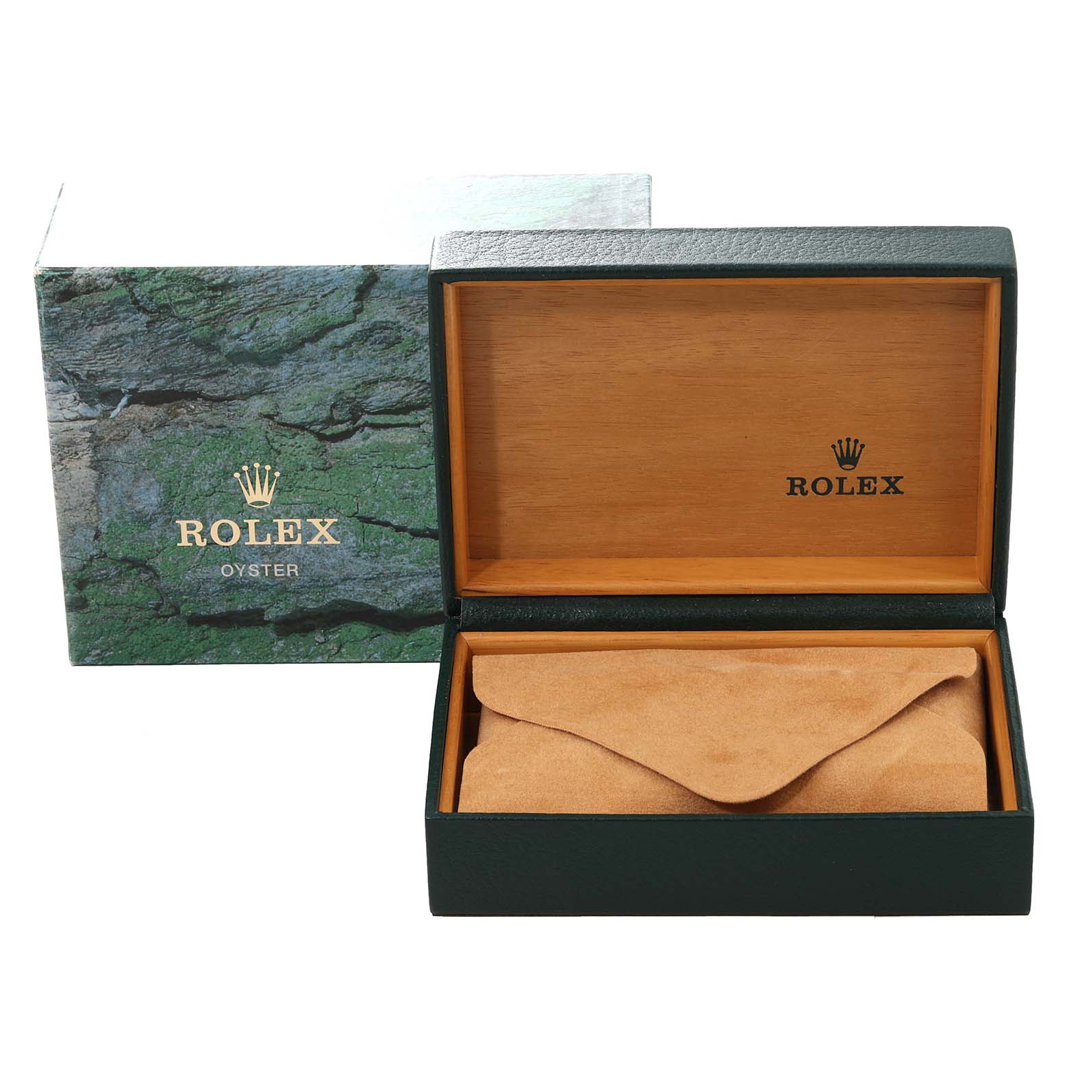 The image shows the open box for a Rolex Date 15200 Men's Stainless Steel Black Dial 15200 Men's Stainless Steel Black Dial model watch, featuring a green exterior and a brown suede pouch inside.