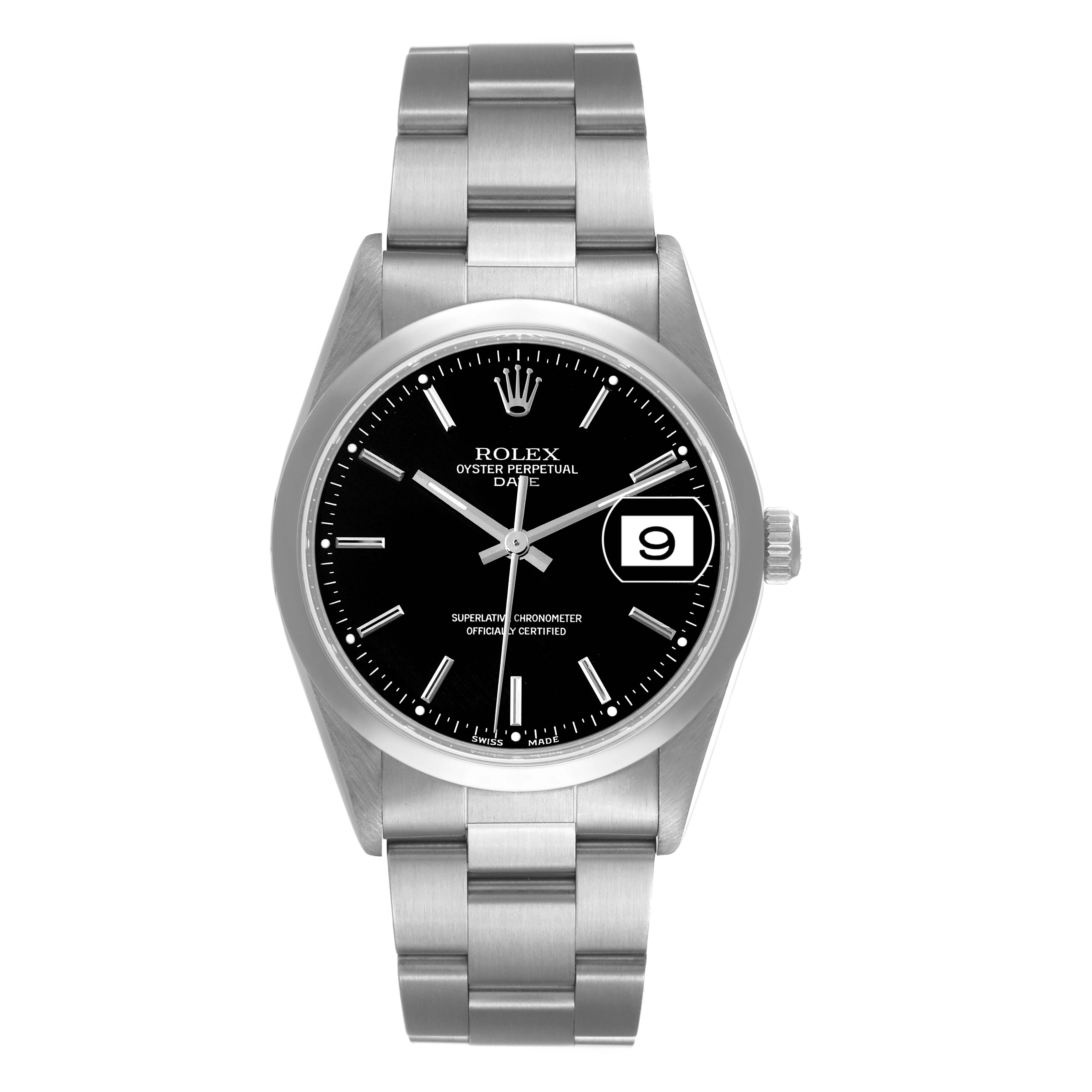 The Rolex Date 15200 Men's Stainless Steel Black Dial 15200 Men's Stainless Steel Black Dial watch is shown in a front view, highlighting its face, dial, hands, date window, and metal bracelet.