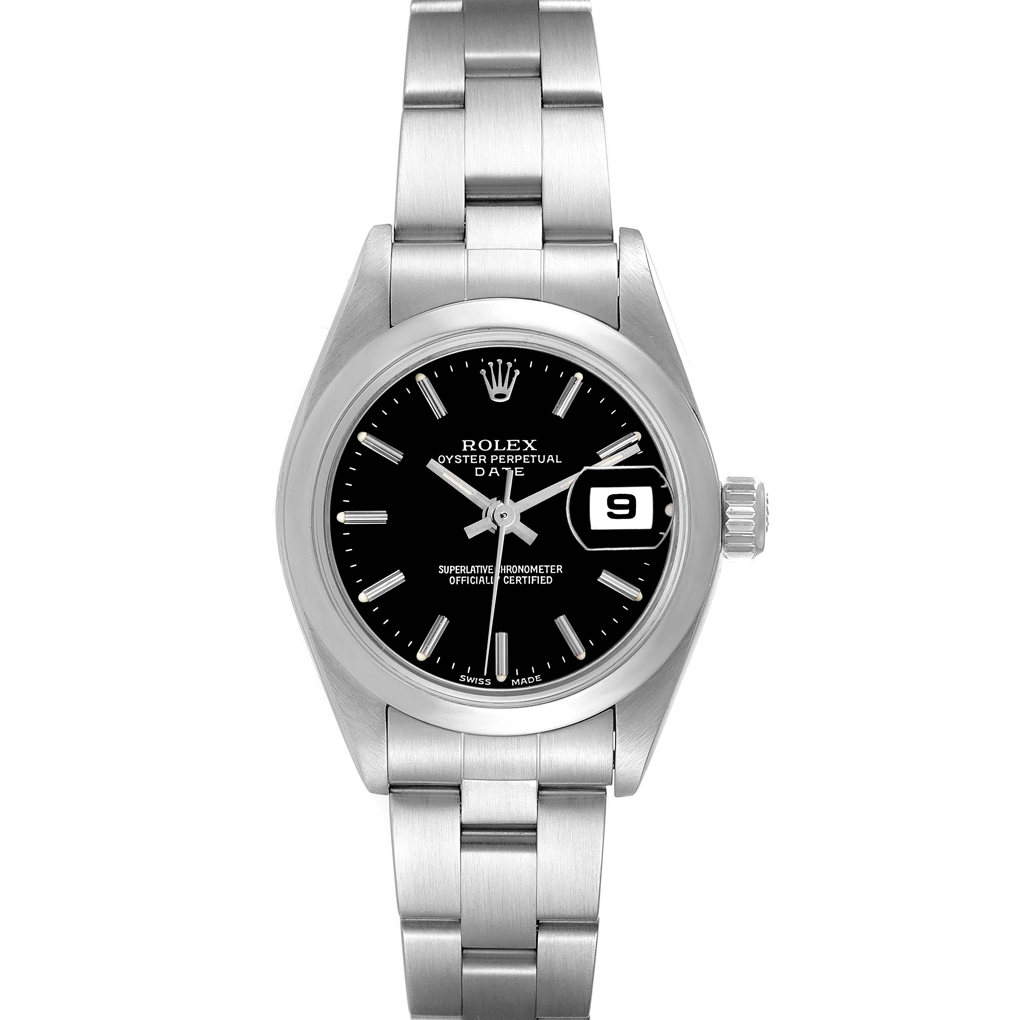 The image shows a front view of the Rolex Date 79160 Women's Stainless Steel Black Dial 79160 Women's Stainless Steel Black Dial model, highlighting the black dial, date window, and stainless steel bracelet.