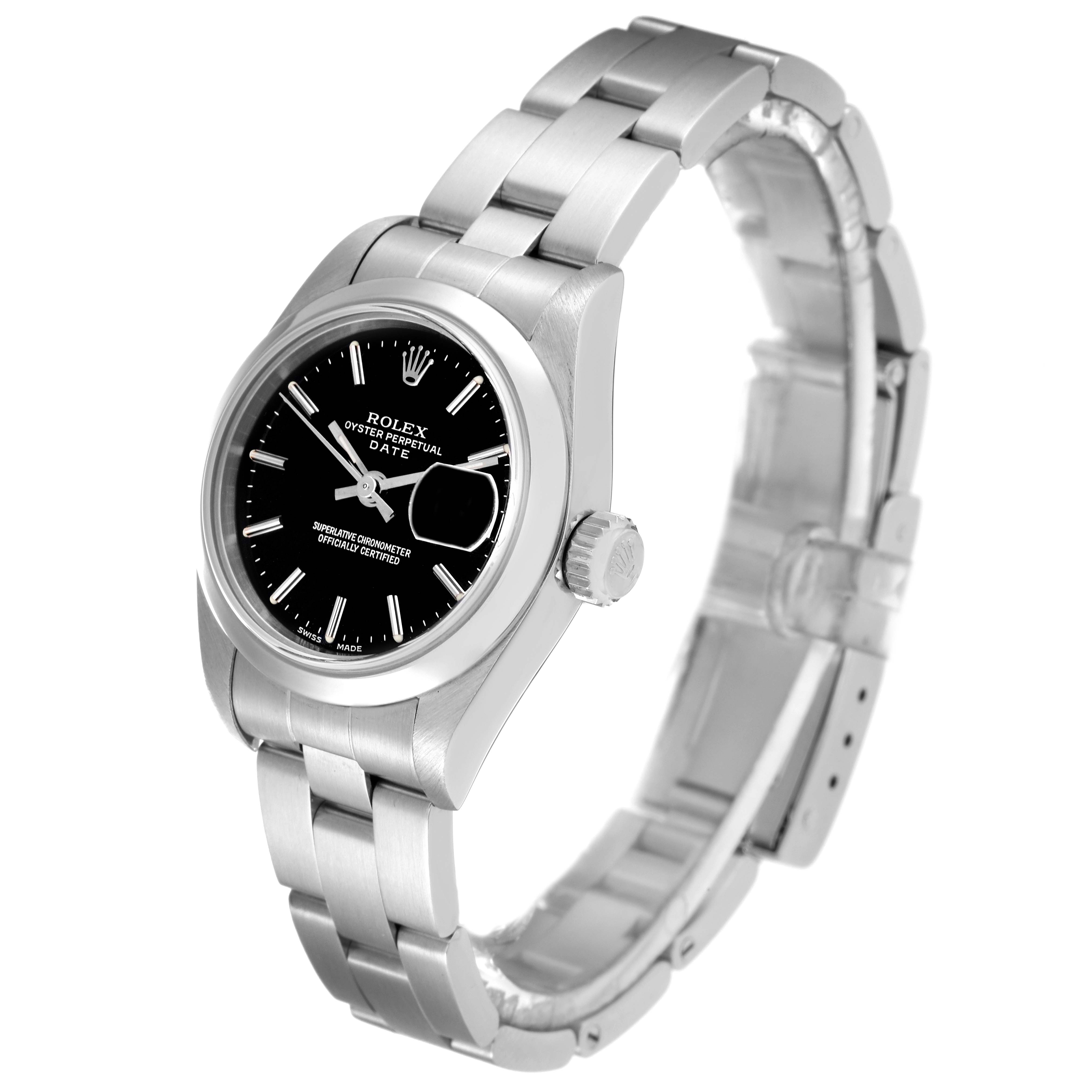 The image shows a Rolex Date 79160 Women's Stainless Steel Black Dial 79160 Women's Stainless Steel Black Dial model watch from a three-quarter top-down angle, highlighting the case, bracelet, and dial.