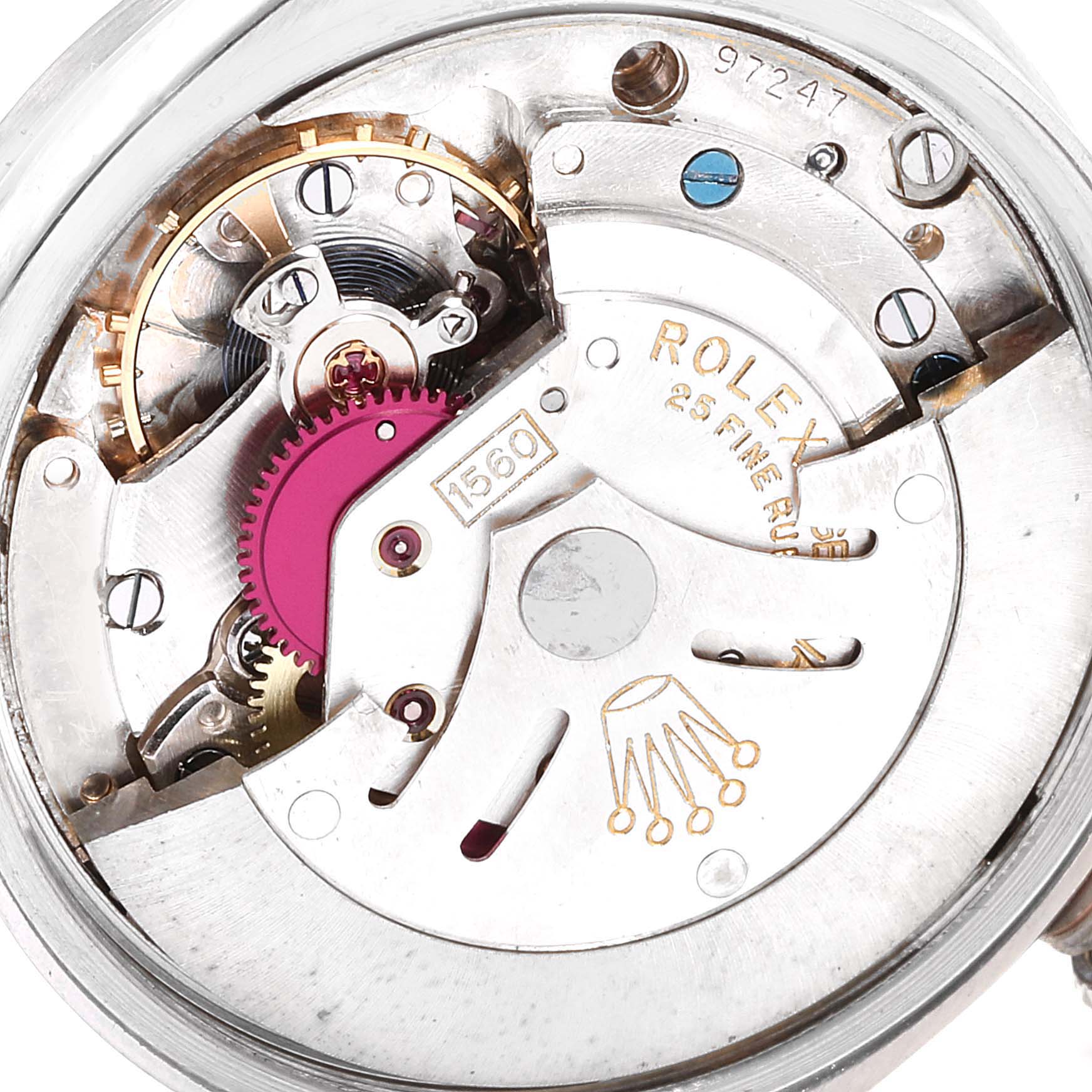 This image shows the inner mechanism and movement parts of a Rolex Vintage Collection 1501 Men
s Stainless Steel Blue Dial 1501 Men
s Stainless Steel Blue Dial watch model.