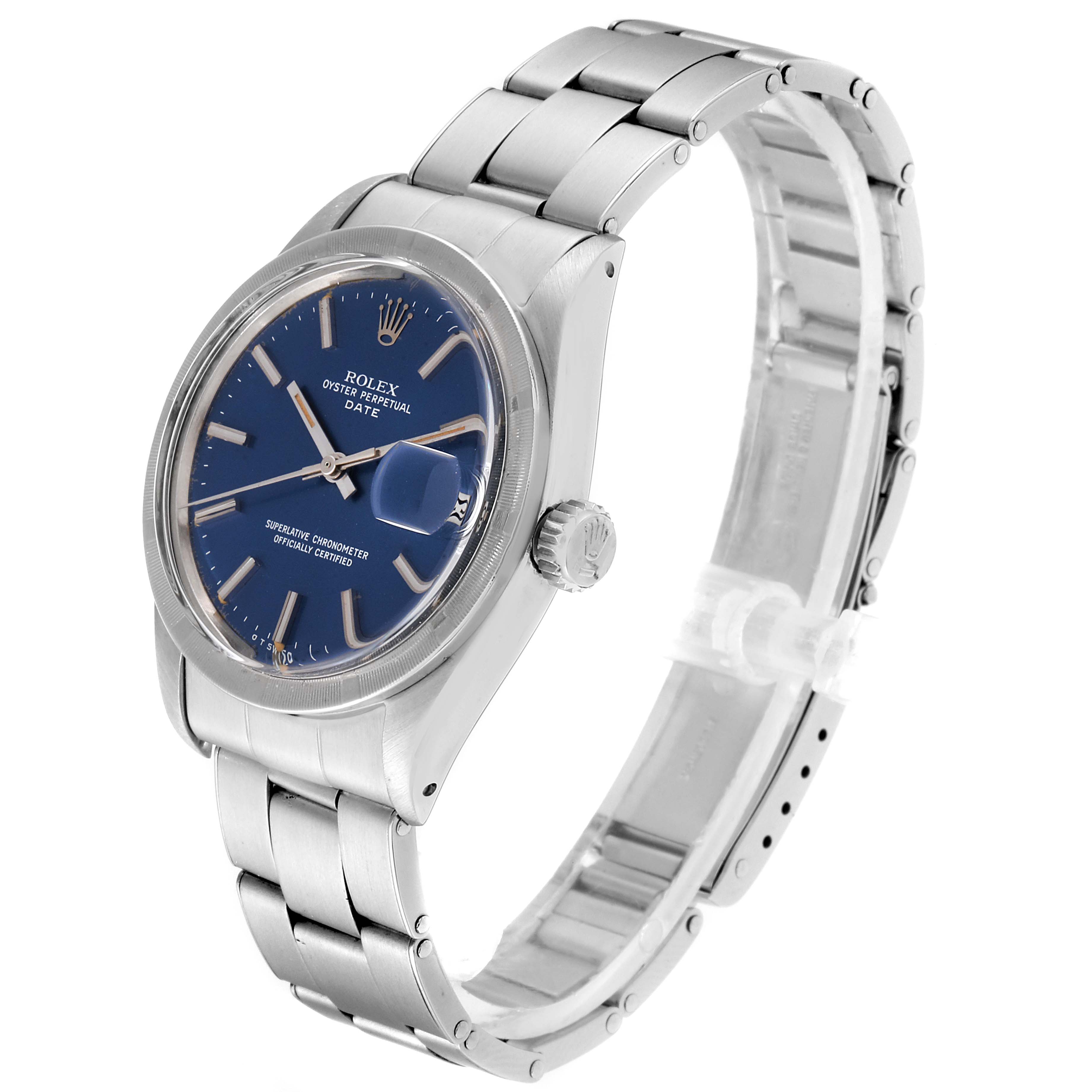 This image shows a side angle of the Rolex Vintage Collection 1501 Men
s Stainless Steel Blue Dial 1501 Men
s Stainless Steel Blue Dial model, displaying the watch face, case, crown, and bracelet.