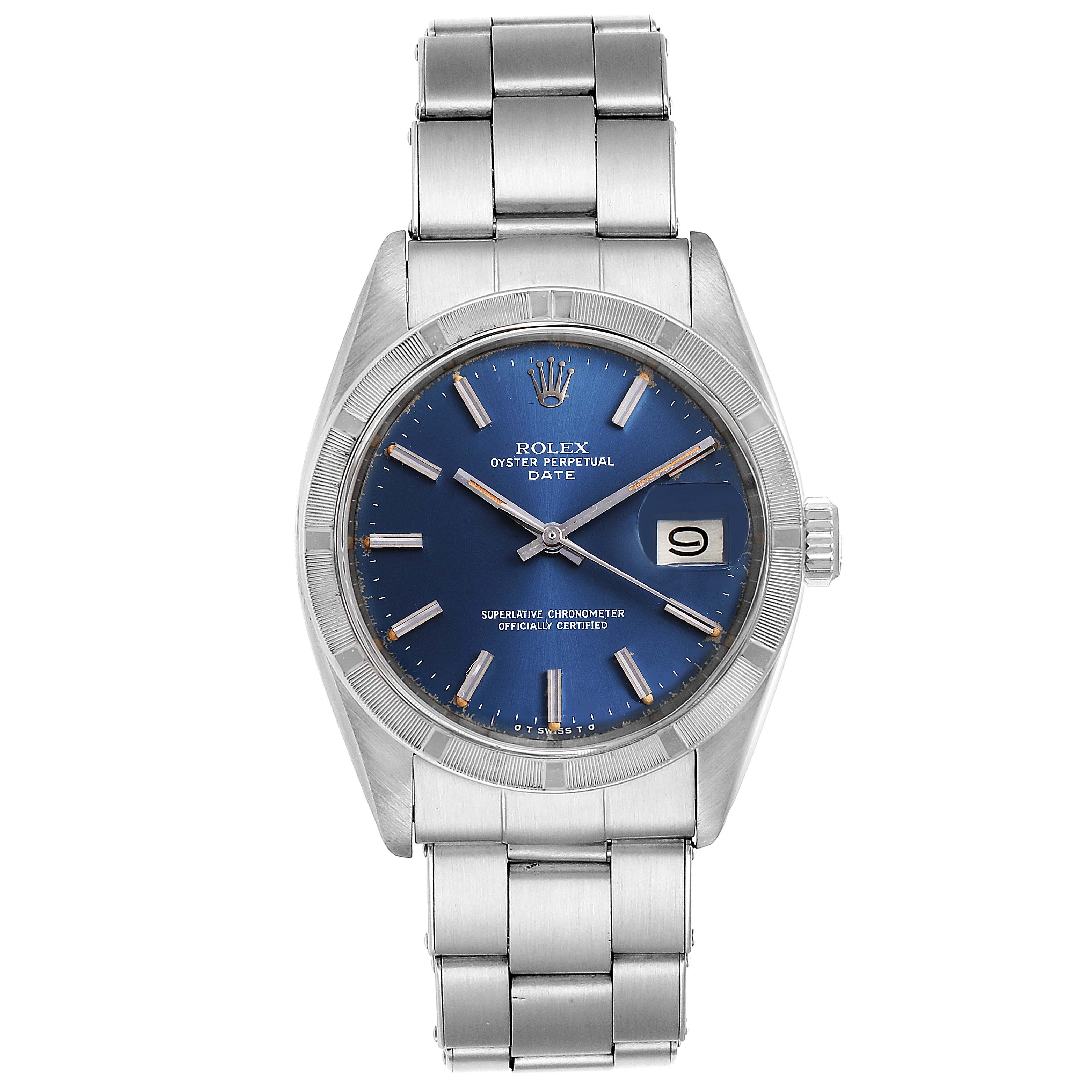 This is a front view of the Vintage Collection Rolex Oyster Perpetual Date with a blue dial and stainless steel bracelet.