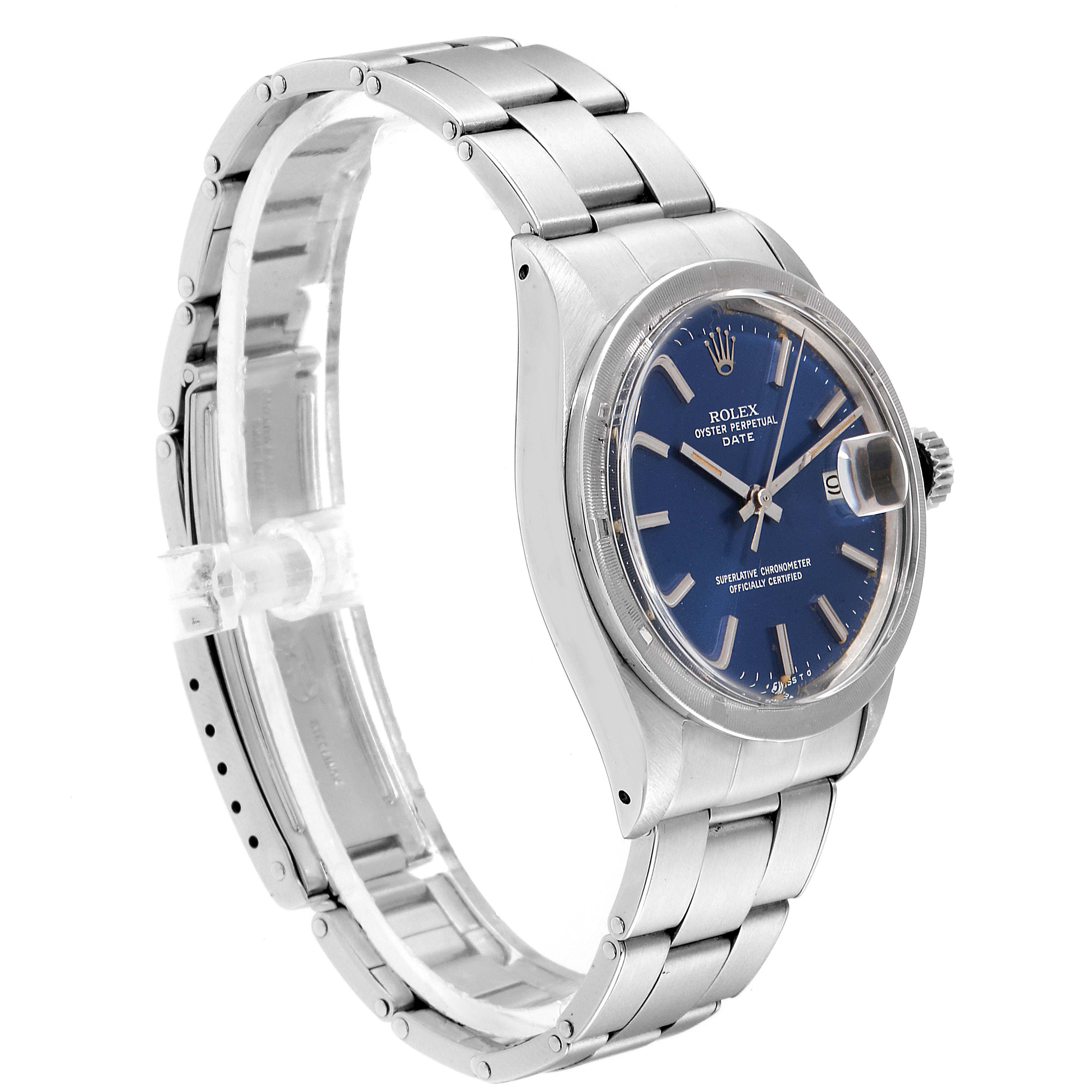 This image shows a side-angle view of the Rolex Vintage Collection 1501 Men
s Stainless Steel Blue Dial 1501 Men
s Stainless Steel Blue Dial watch, highlighting the face, bezel, and bracelet.