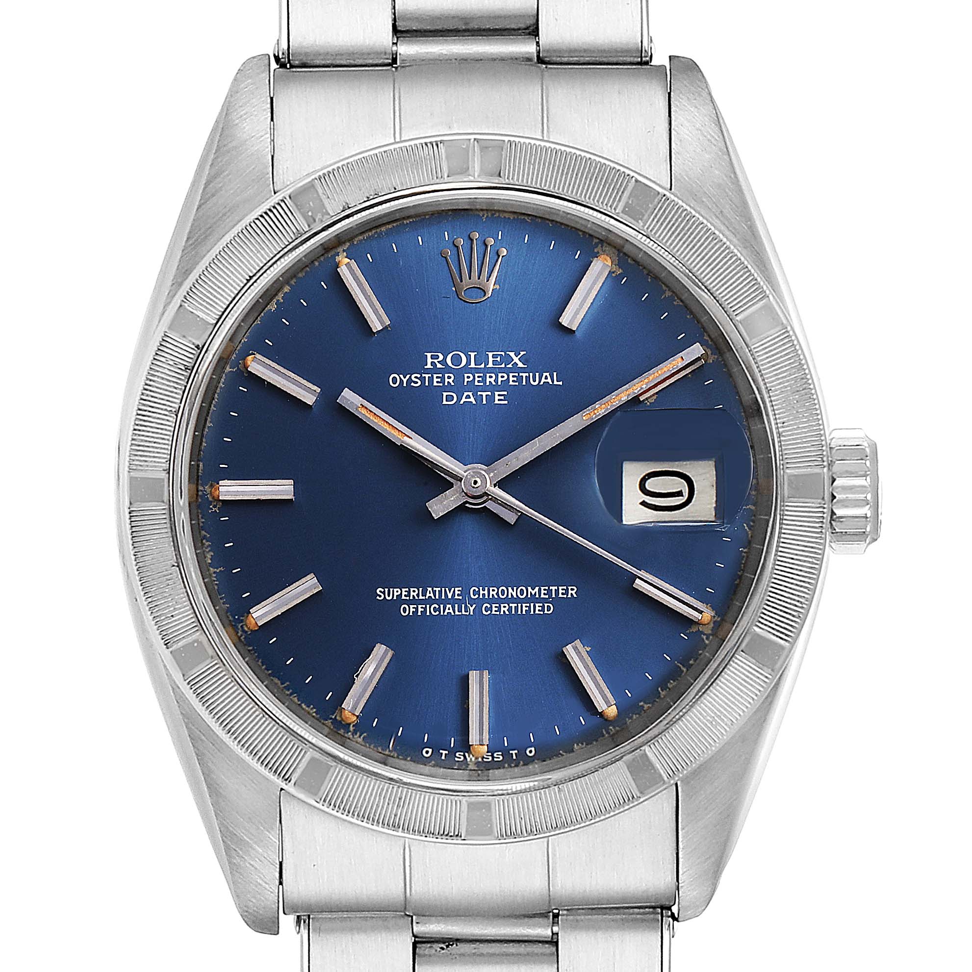 The image shows a front view of the Rolex Vintage Collection 1501 Men
s Stainless Steel Blue Dial 1501 Men
s Stainless Steel Blue Dial Oyster Perpetual Date watch, focusing on the blue dial and date window.