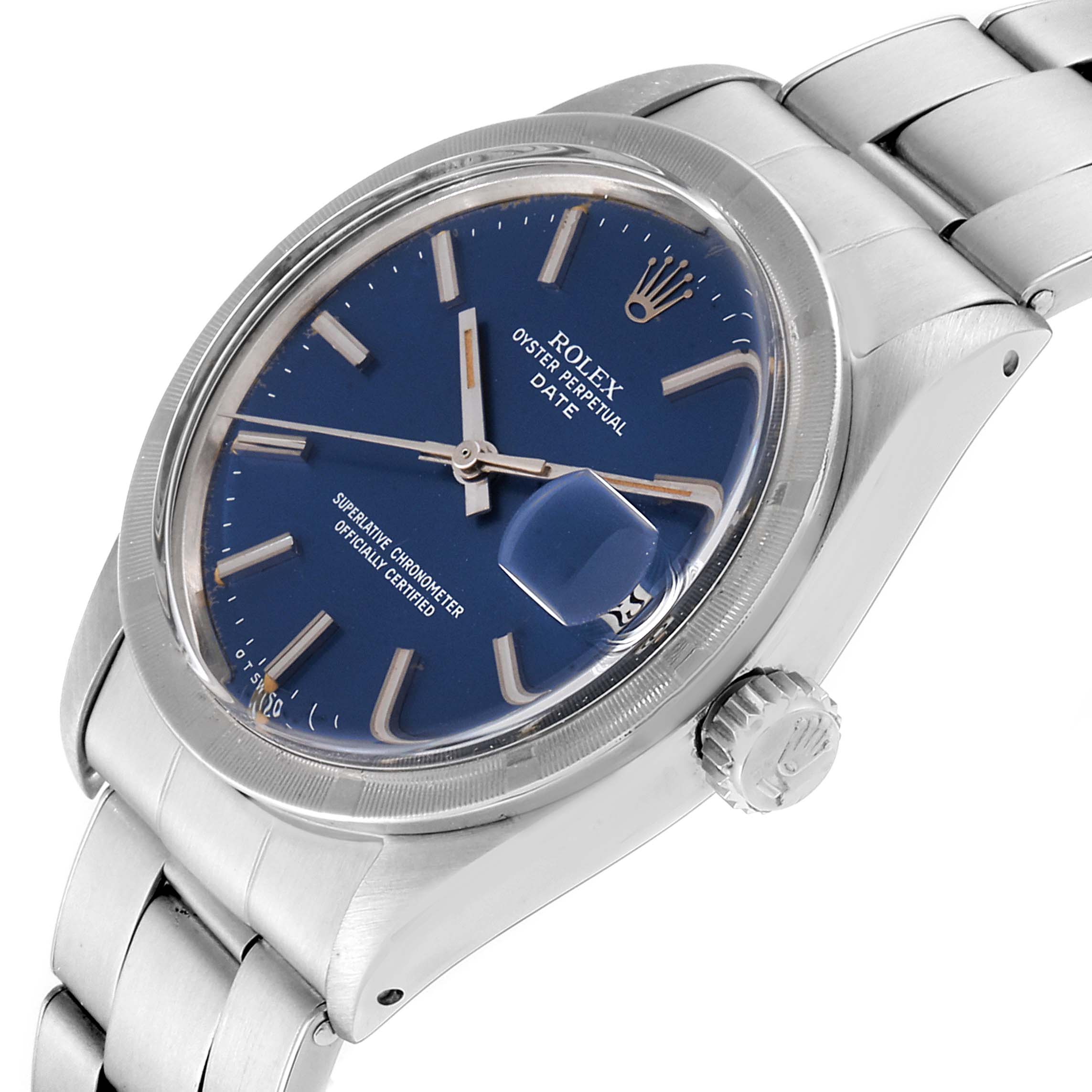 This image shows a Vintage Collection Rolex Oyster Perpetual Date watch at a slight angle, highlighting the dial, bezel, and crown.