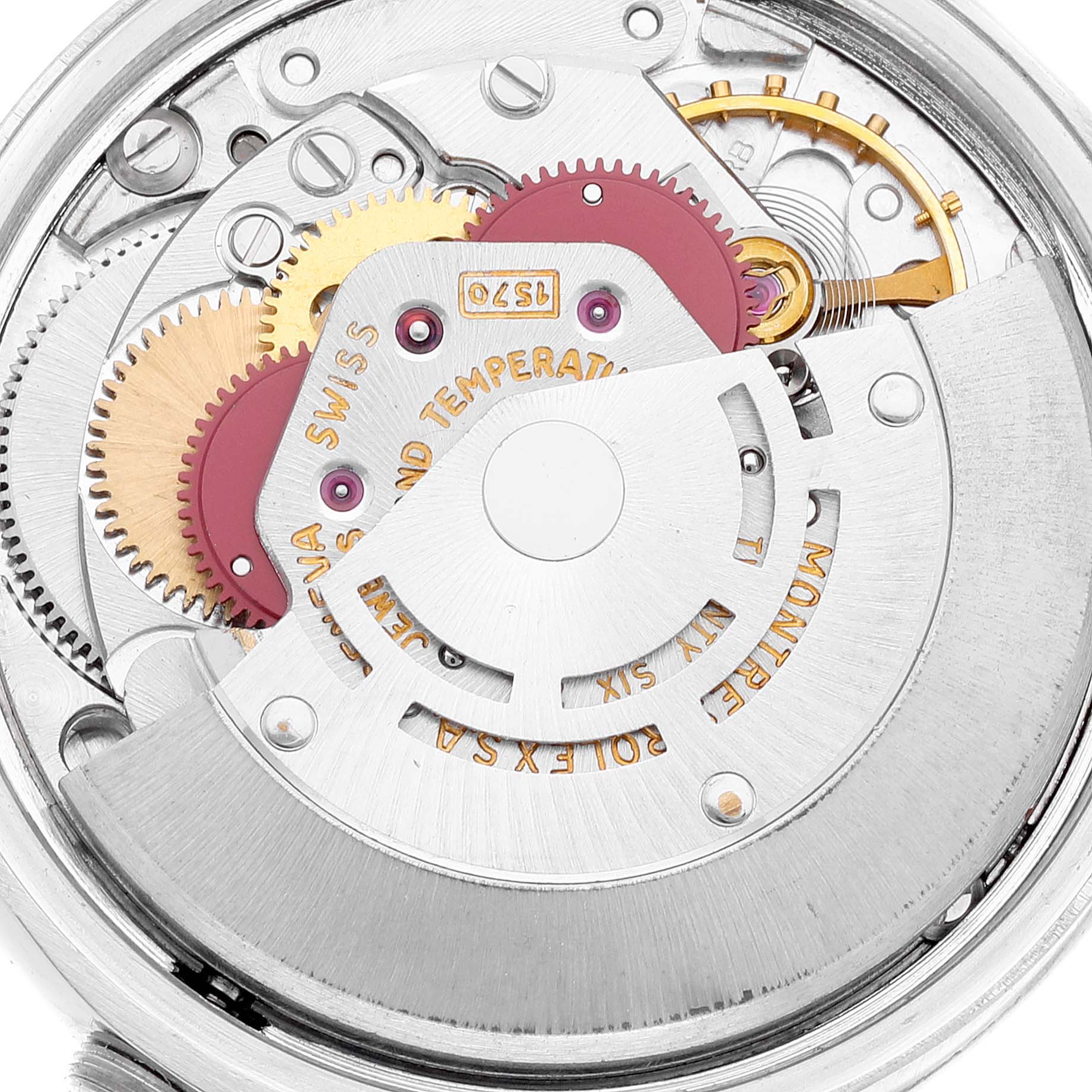 The image shows the intricate internal mechanism of the Rolex Vintage Collection 1500 Men's Stainless Steel Grey Dial 1500 Men's Stainless Steel Grey Dial watch, viewed from the back.