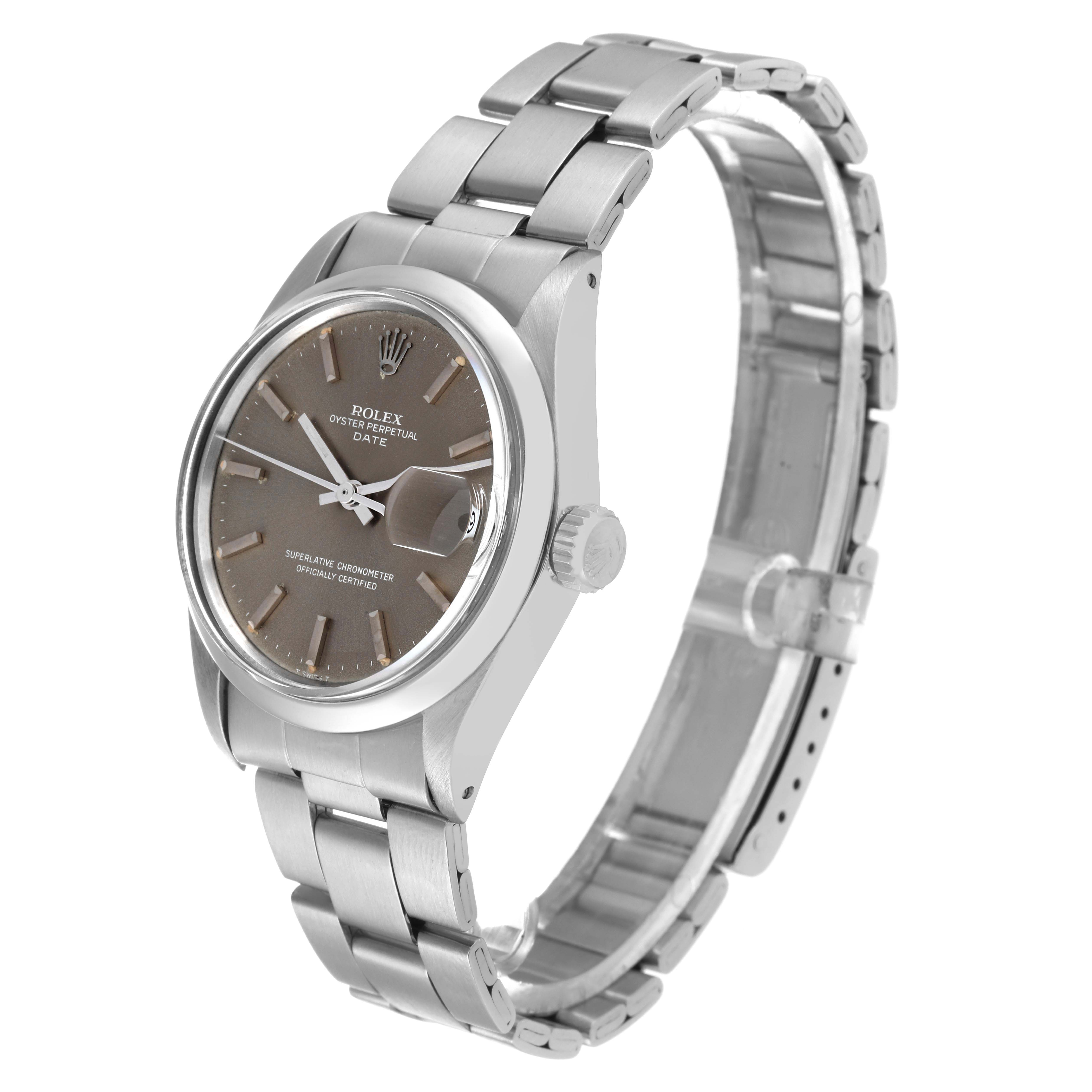This Rolex Vintage Collection 1500 Men's Stainless Steel Grey Dial 1500 Men's Stainless Steel Grey Dial watch is shown at a 3/4 angle, displaying the face, bezel, crown, and bracelet.