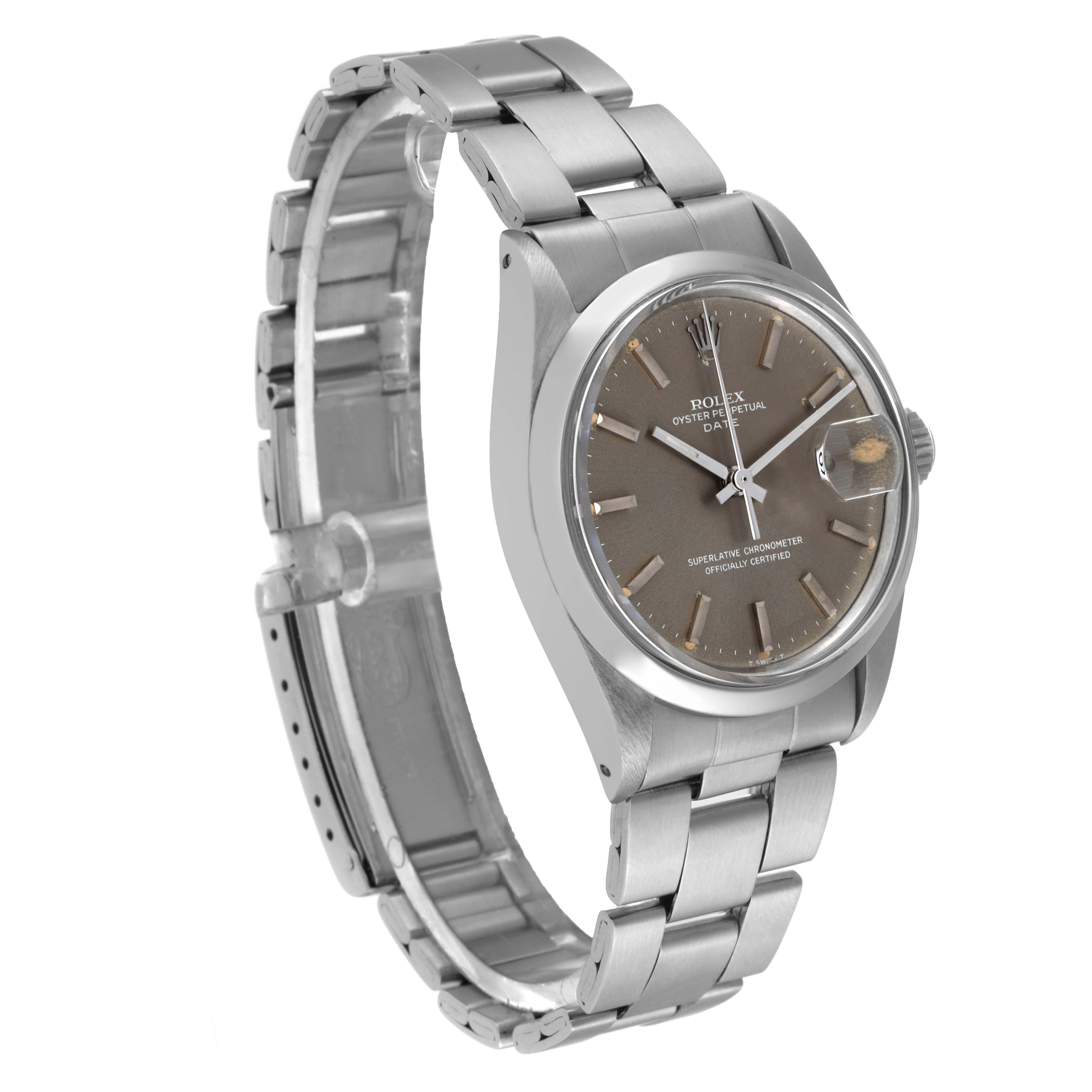 The image shows a side angle of a Rolex Vintage Collection 1500 Men's Stainless Steel Grey Dial 1500 Men's Stainless Steel Grey Dial watch, highlighting the dial, bezel, case, crown, and bracelet.