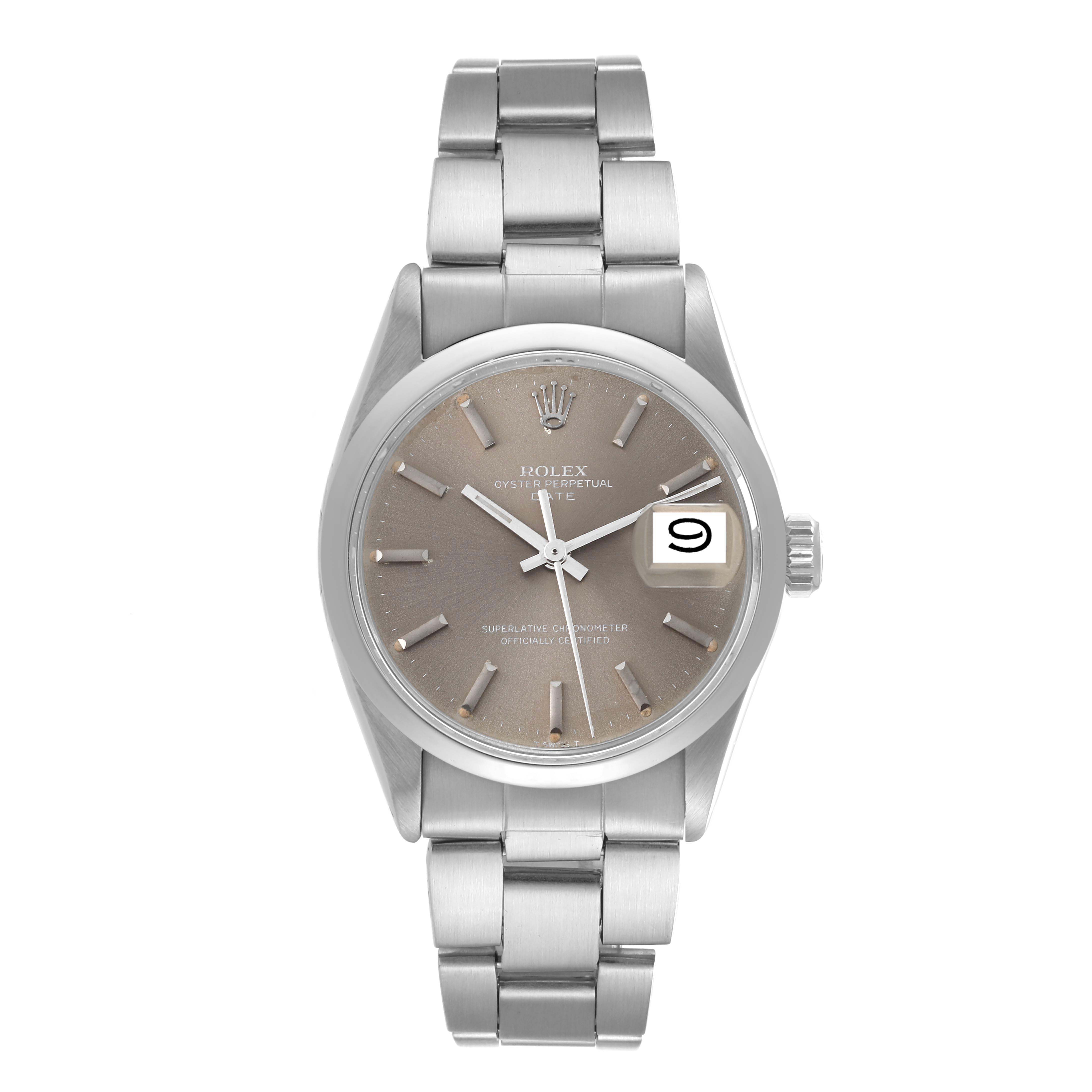 The Rolex Vintage Collection 1500 Men's Stainless Steel Grey Dial 1500 Men's Stainless Steel Grey Dial watch is shown from a top-down angle, displaying its face, bracelet, and date window.