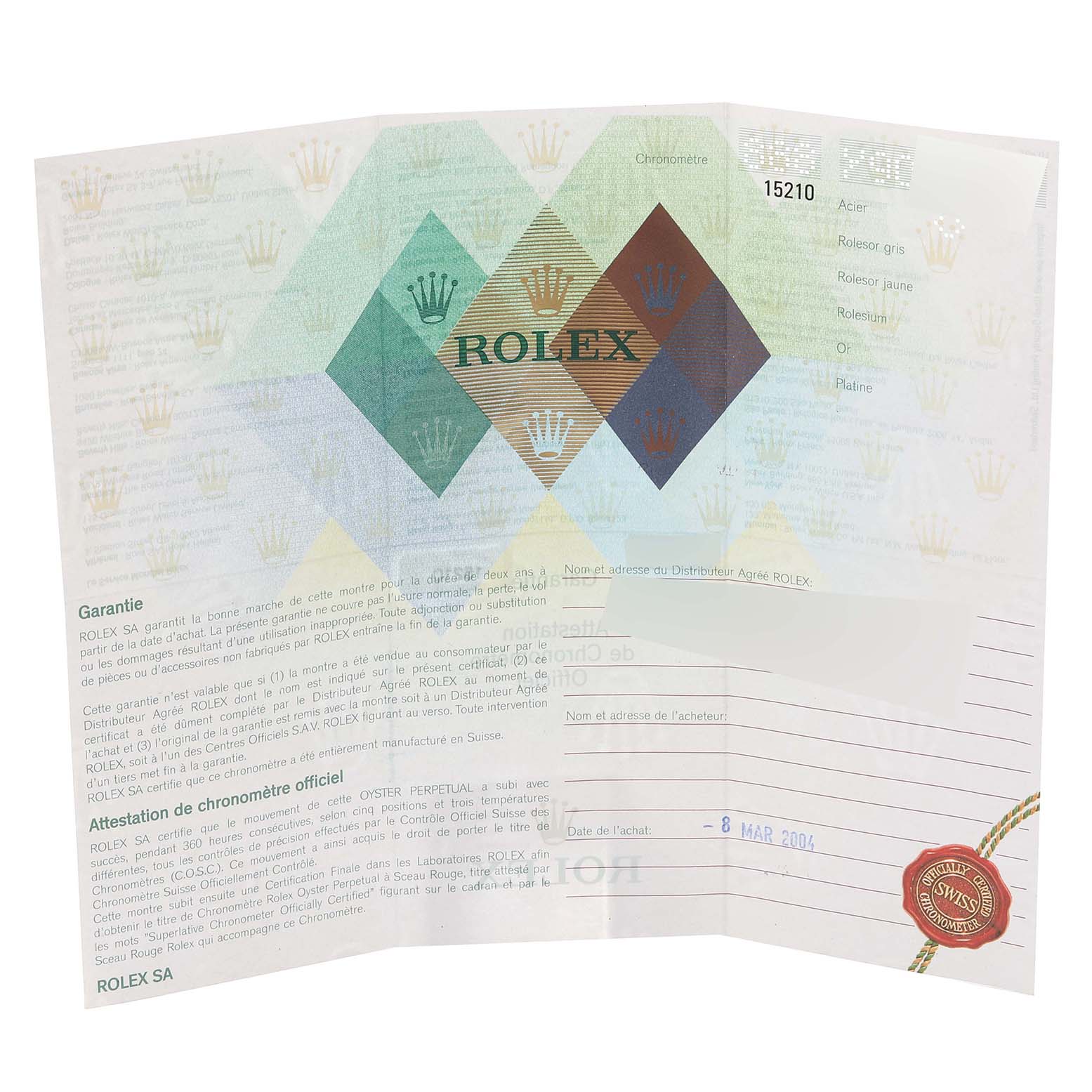 This image shows a warranty and certification card for a Rolex Date 15210 Men's Stainless Steel Silver Dial 15210 Men's Stainless Steel Silver Dial model watch.