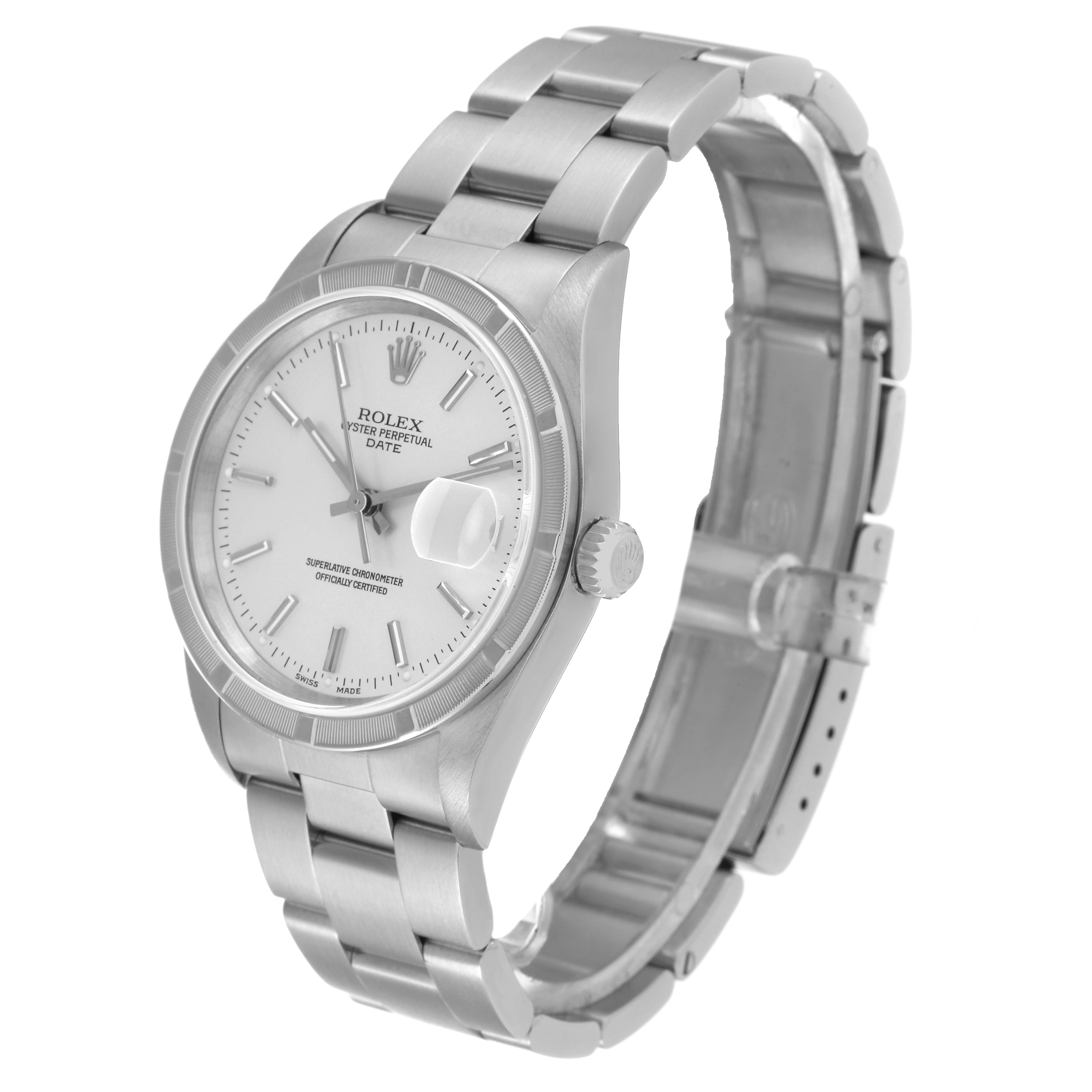 This image shows a Rolex Date 15210 Men's Stainless Steel Silver Dial 15210 Men's Stainless Steel Silver Dial model watch at a three-quarter angle, highlighting the dial, bezel, bracelet, and crown.