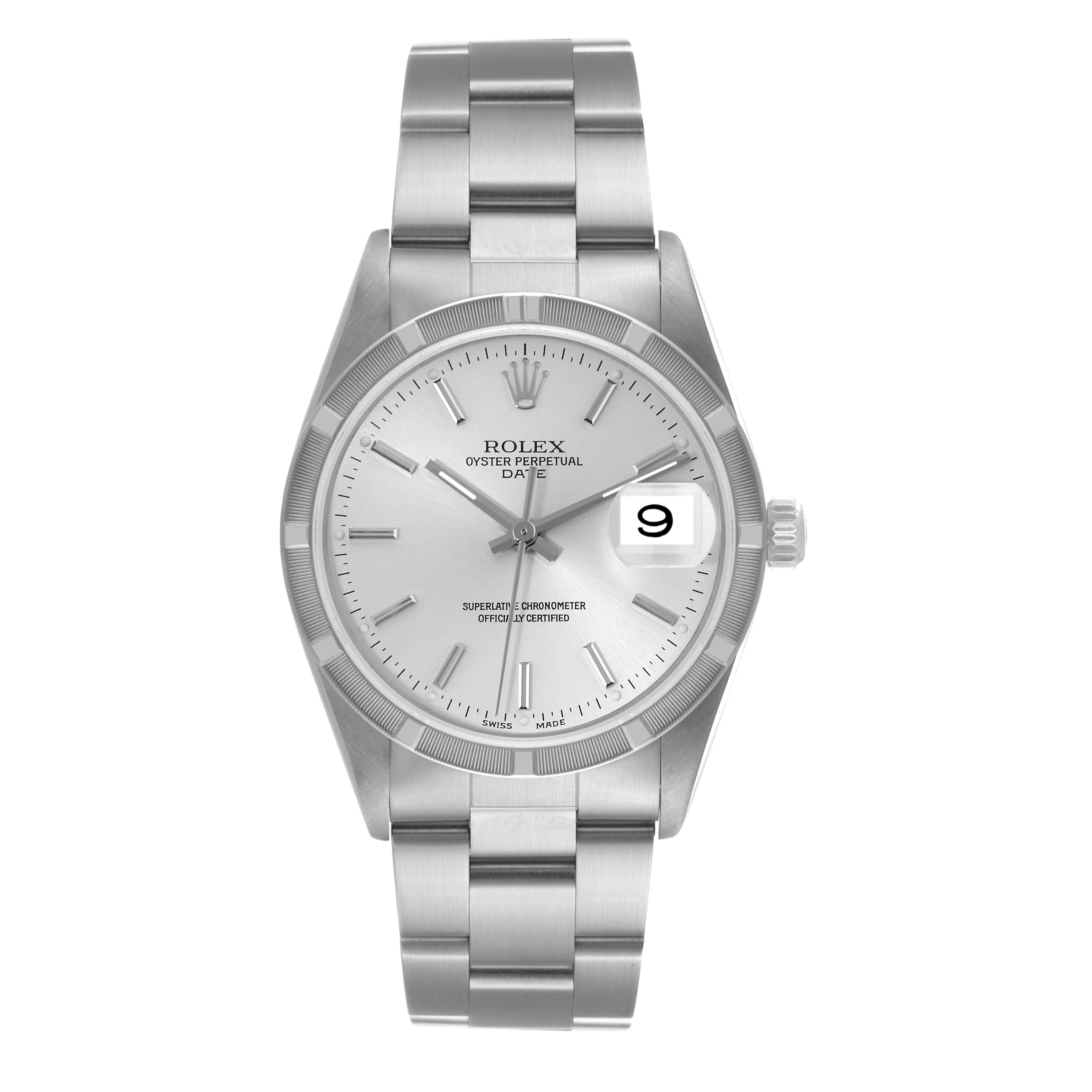 The image shows a Rolex Date 15210 Men's Stainless Steel Silver Dial 15210 Men's Stainless Steel Silver Dial model watch from a front angle, displaying the dial, bezel, and bracelet.