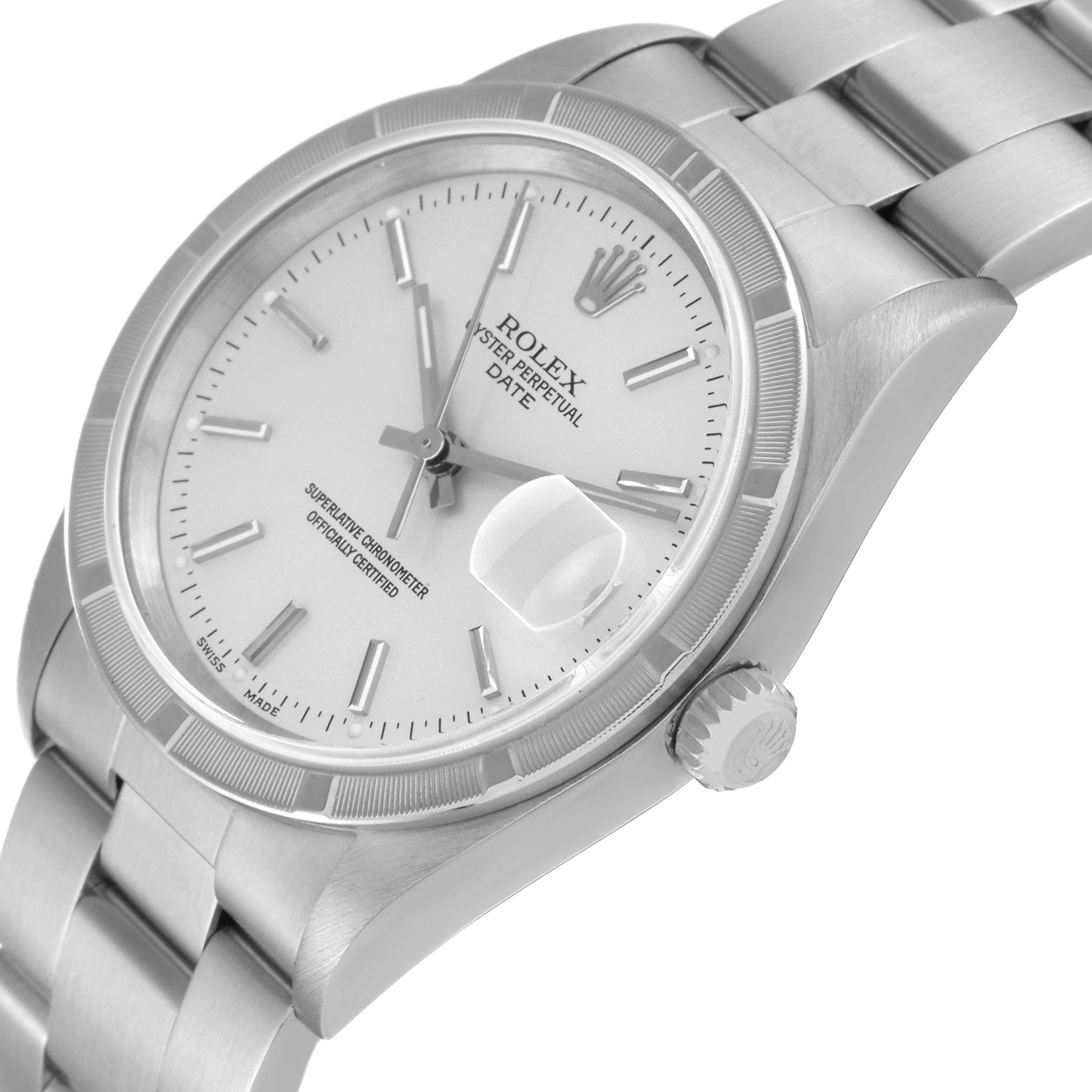 This image shows a side view of the Rolex Date 15210 Men's Stainless Steel Silver Dial 15210 Men's Stainless Steel Silver Dial model watch, highlighting the face, dial, date window, and part of the bracelet.