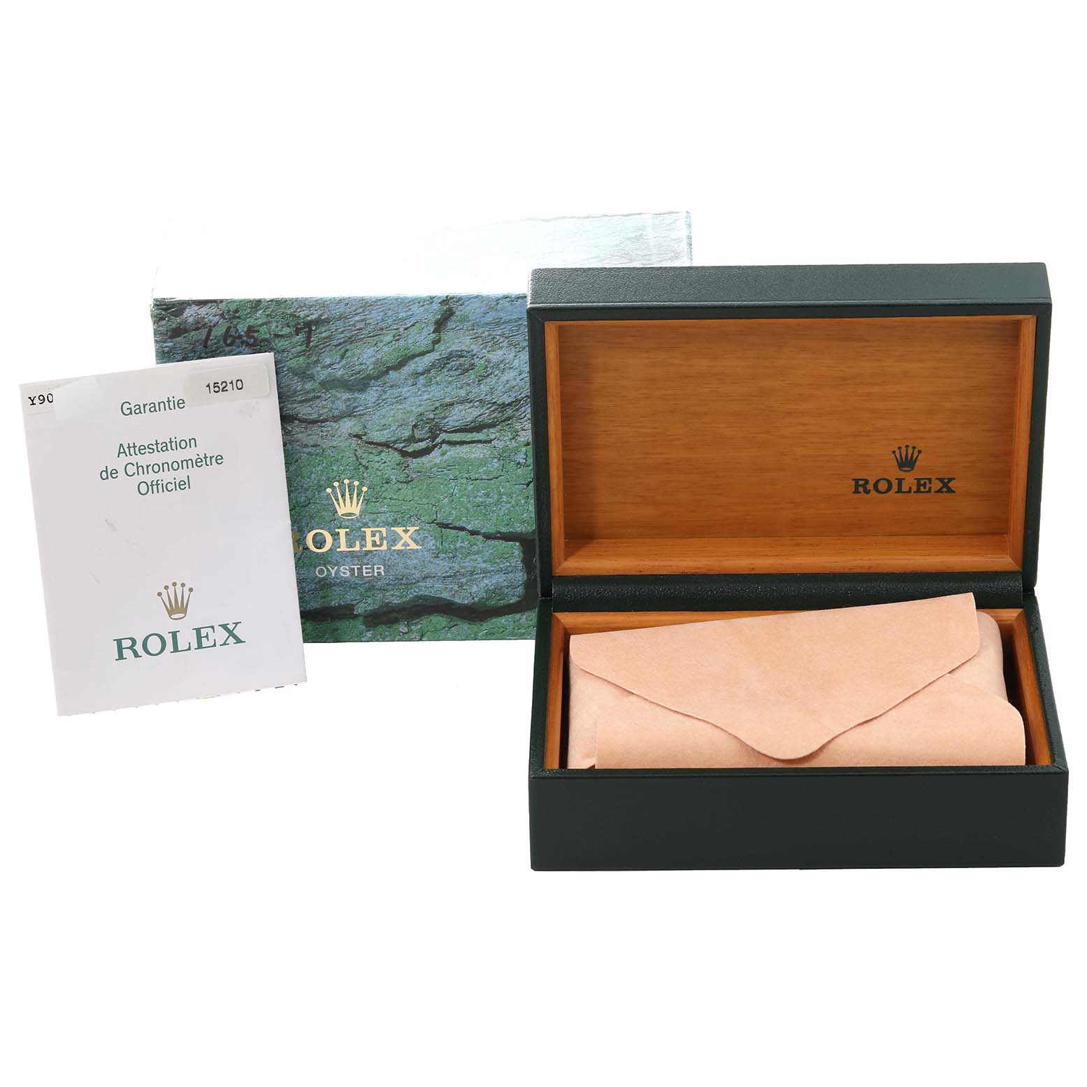 The image shows a Rolex Date 15210 Men's Stainless Steel Silver Dial 15210 Men's Stainless Steel Silver Dial watch box with documentation and inner packaging.