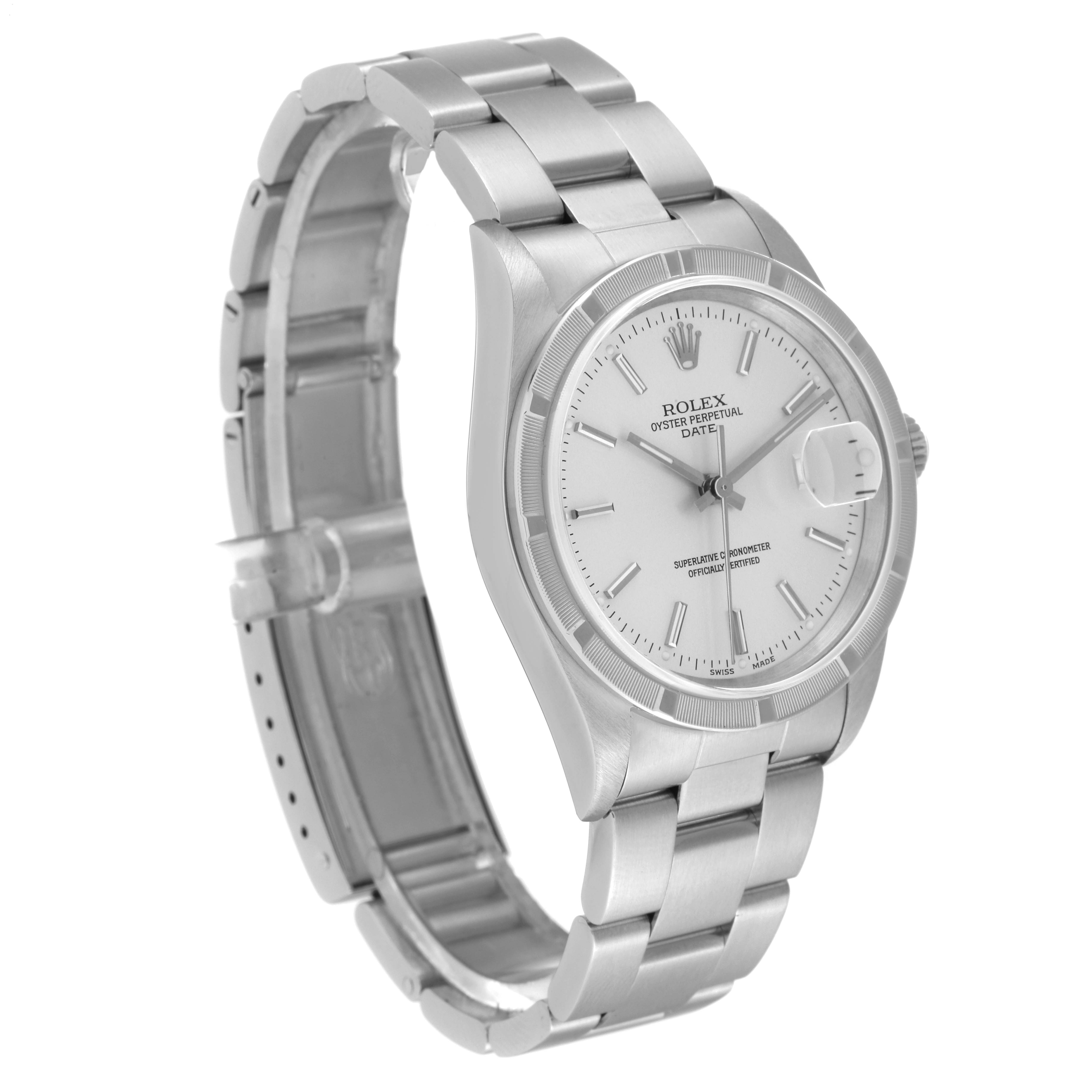 The image shows a side angle of the Rolex Date 15210 Men's Stainless Steel Silver Dial 15210 Men's Stainless Steel Silver Dial model watch, highlighting the dial, bezel, case, and bracelet.