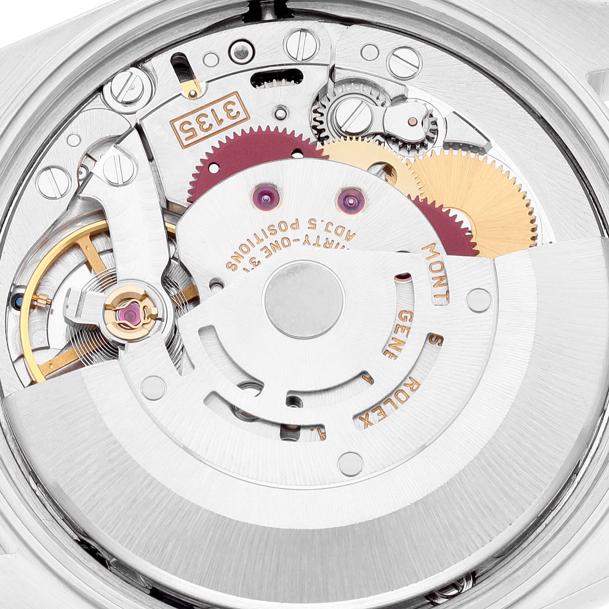 This image shows a close-up view of the movement components of a Rolex Date 15210 Men's Stainless Steel Silver Dial 15210 Men's Stainless Steel Silver Dial model watch.