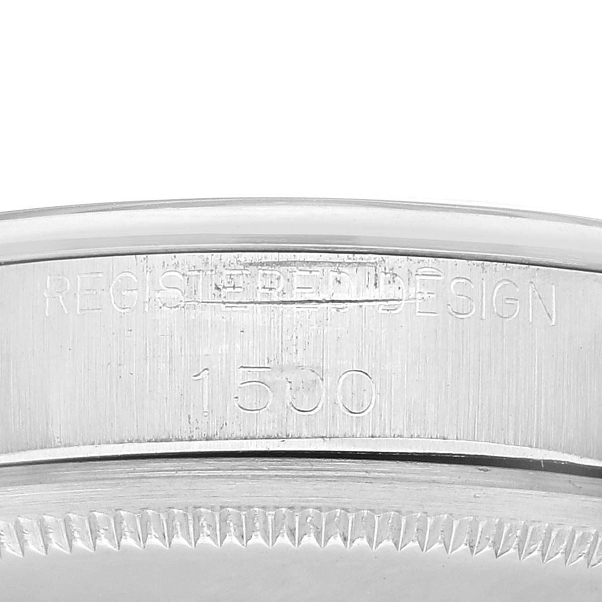 This image shows a close-up angle of the case back with the model number "1500" engraved on a Rolex Vintage Collection 1500 Men's Stainless Steel Silver Dial 1500 Men's Stainless Steel Silver Dial watch.