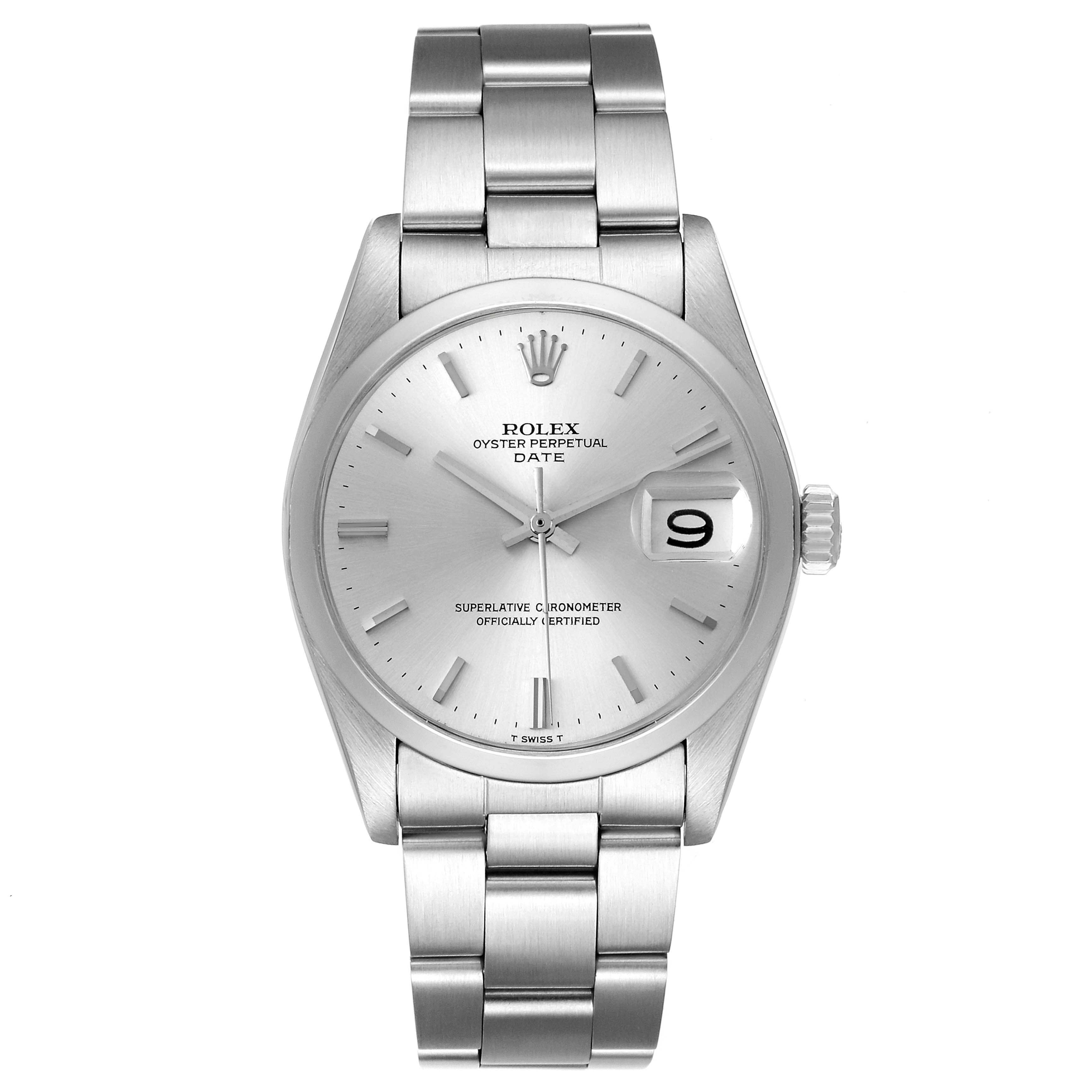 The image shows a front view of a Rolex Vintage Collection 1500 Men's Stainless Steel Silver Dial 1500 Men's Stainless Steel Silver Dial Oyster Perpetual Date watch, highlighting its face, bracelet, and crown.