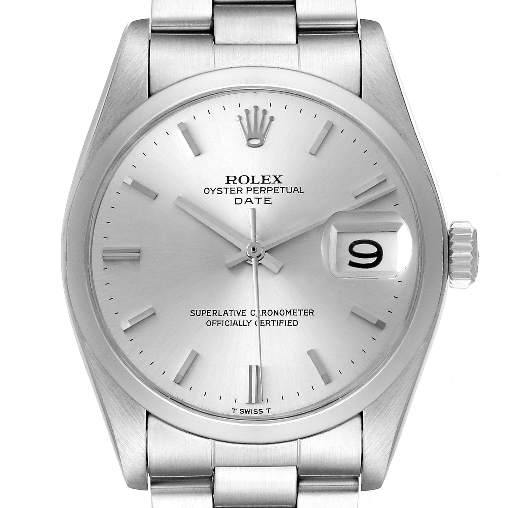 This image shows a front view of the Rolex Vintage Collection 1500 Men's Stainless Steel Silver Dial 1500 Men's Stainless Steel Silver Dial Oyster Perpetual Date watch, featuring the dial, hands, and bracelet.