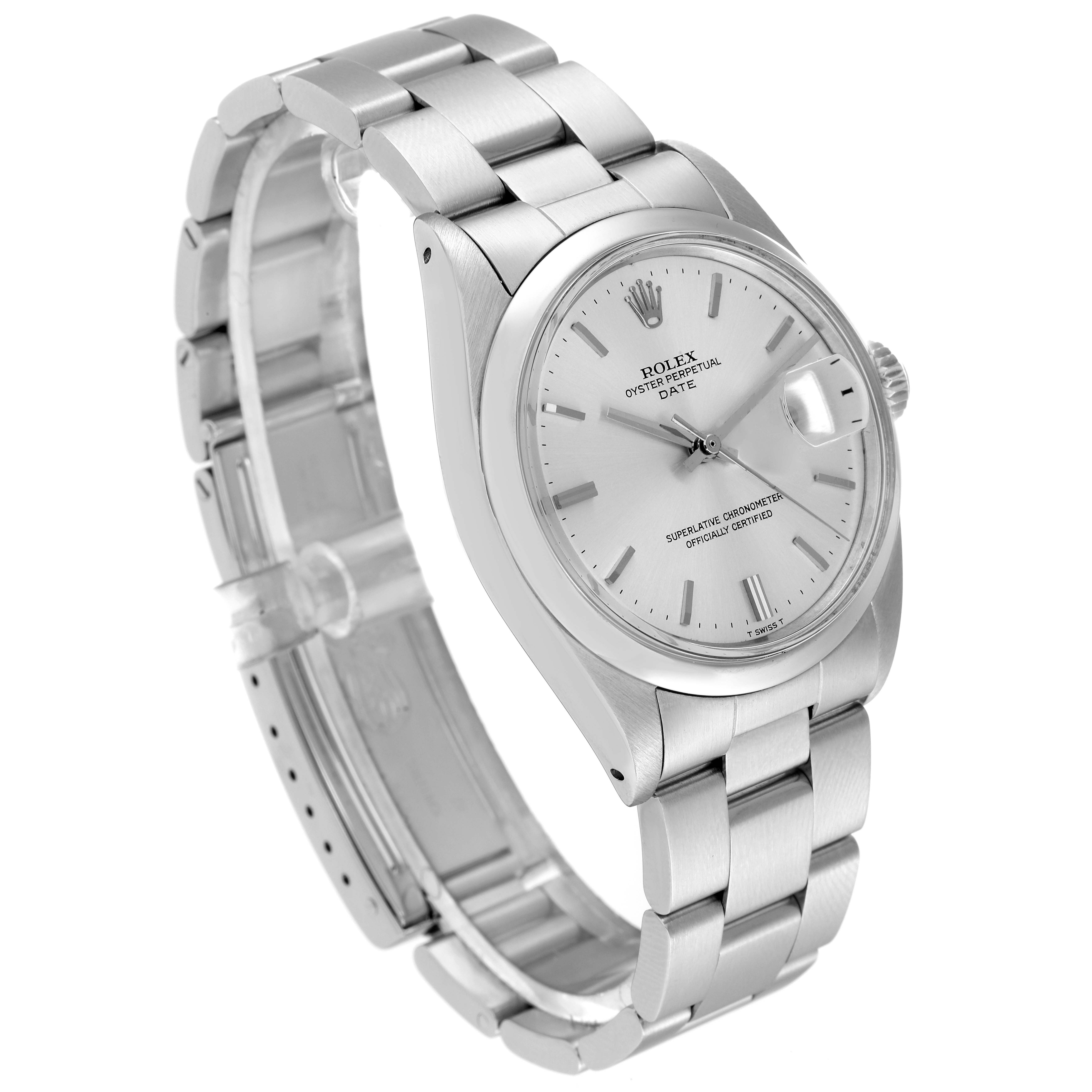 The image shows a front angled view of the Rolex Vintage Collection 1500 Men's Stainless Steel Silver Dial 1500 Men's Stainless Steel Silver Dial watch, highlighting the face, bezel, case, and bracelet.