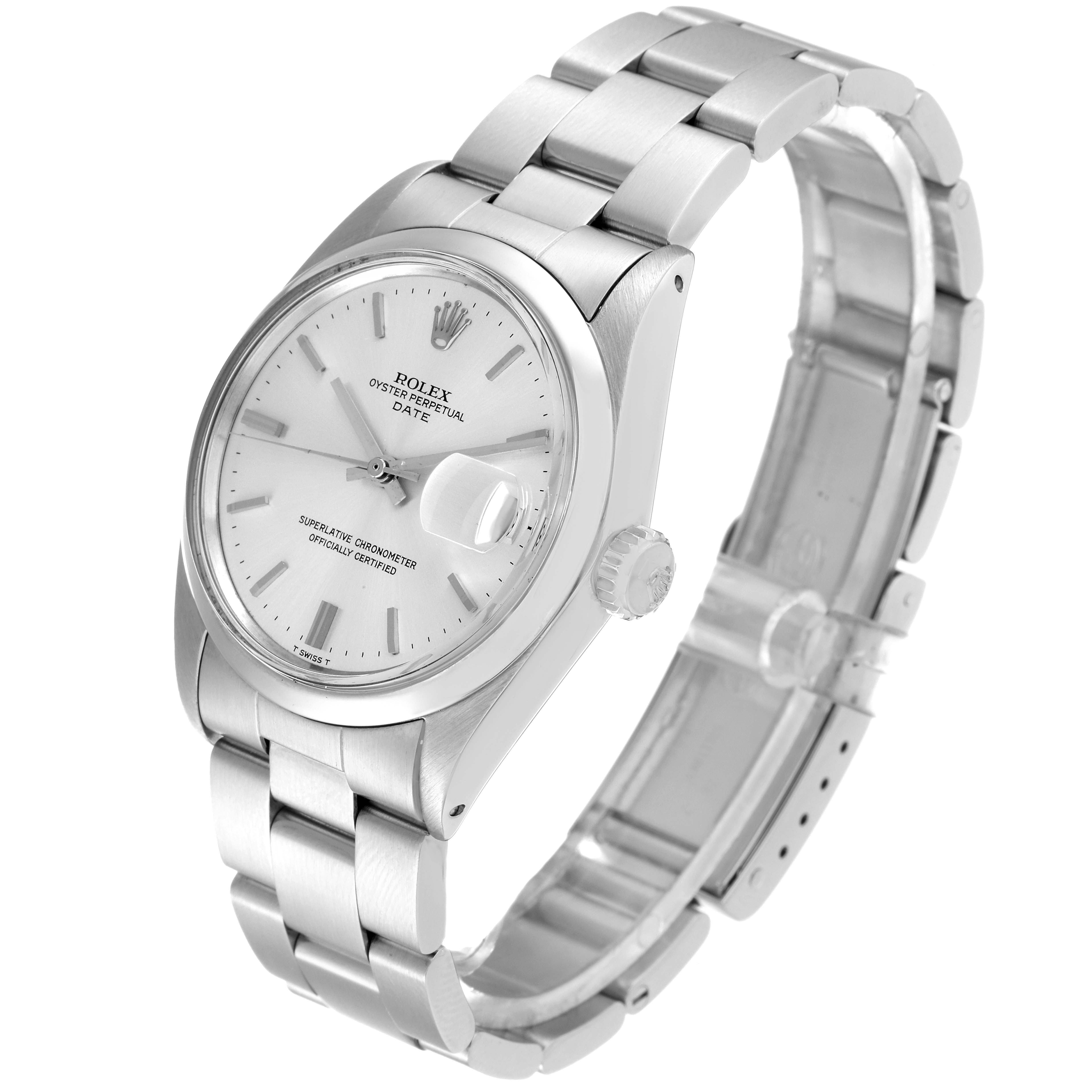 The image shows a side angle of the Rolex Vintage Collection 1500 Men's Stainless Steel Silver Dial 1500 Men's Stainless Steel Silver Dial watch, highlighting the face, bracelet, and clasp.