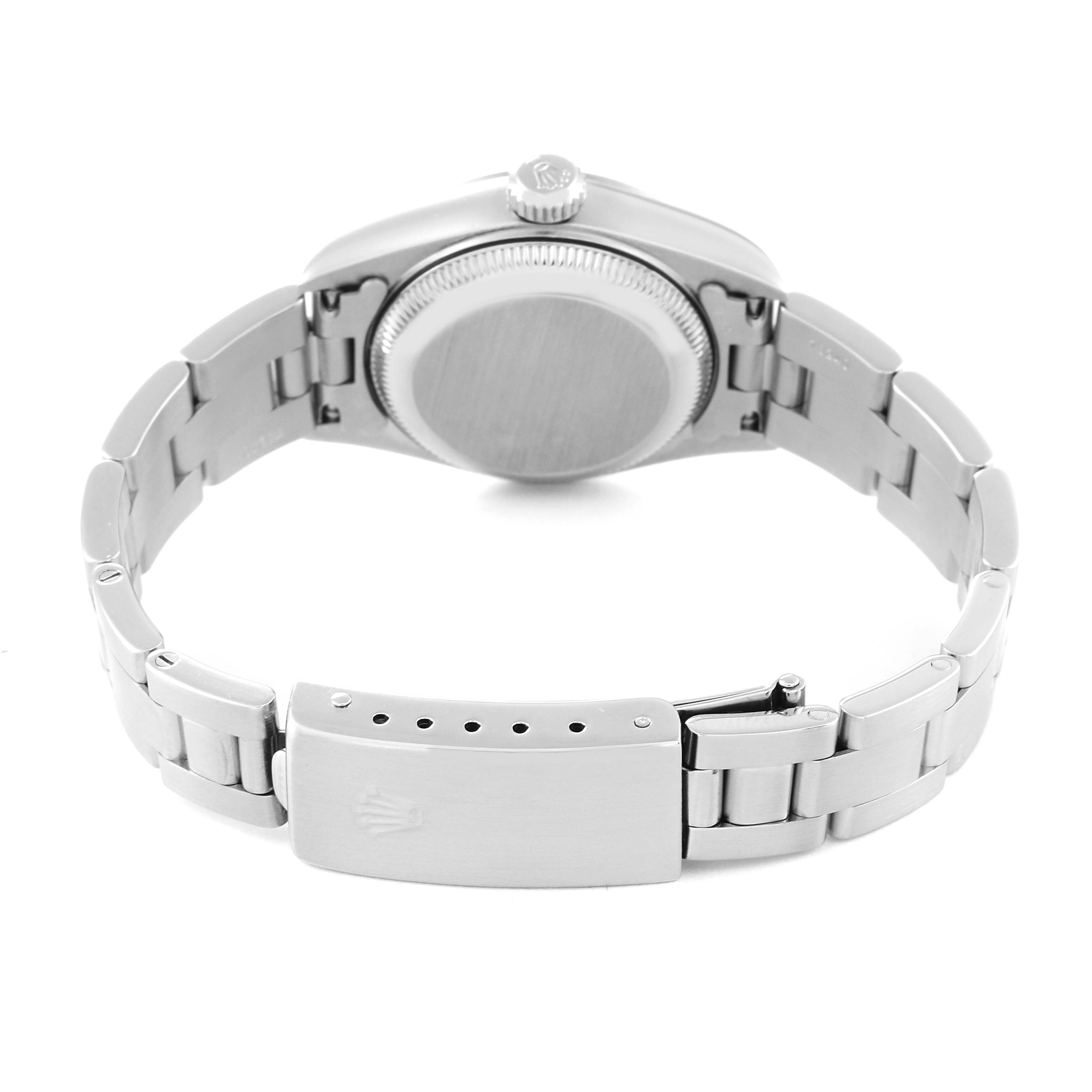 The image shows the back of a Rolex Date 79160 Women
s Stainless Steel White Dial 79160 Women
s Stainless Steel White Dial model watch, including the case back, crown, bracelet, and clasp.