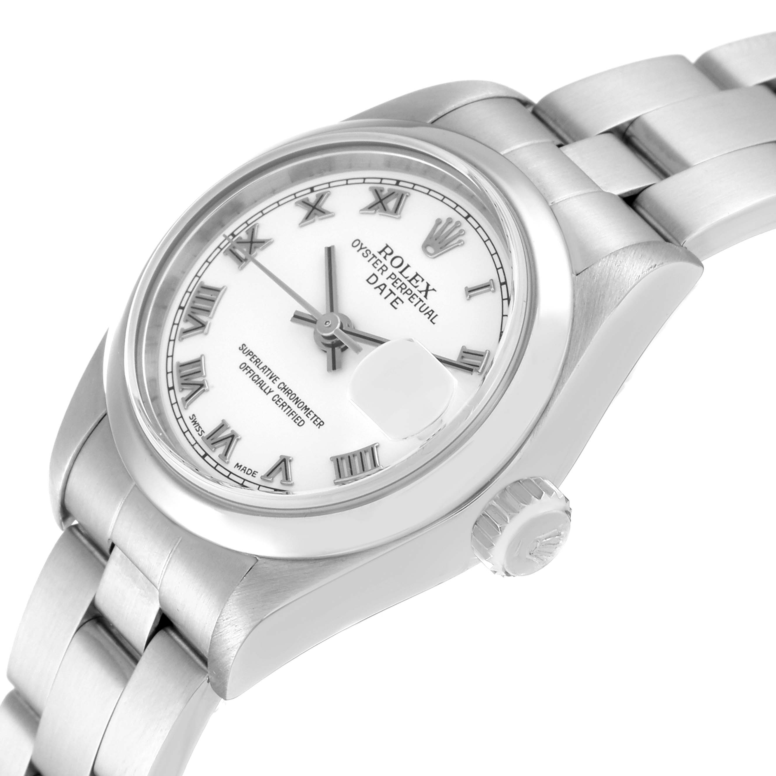 The image shows a side angle of the Rolex Date 79160 Women
s Stainless Steel White Dial 79160 Women
s Stainless Steel White Dial model watch, displaying the dial, bezel, and part of the bracelet.