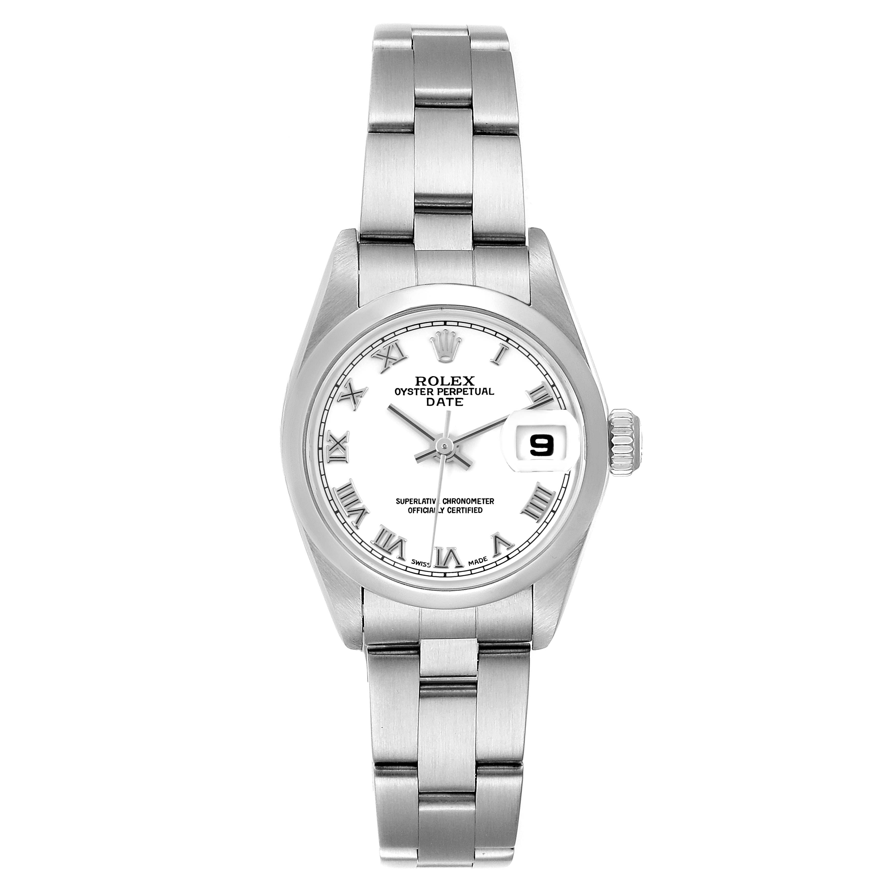 The image shows a front view of a Rolex Date 79160 Women
s Stainless Steel White Dial 79160 Women
s Stainless Steel White Dial model watch with a stainless steel bracelet, white dial, and date window.