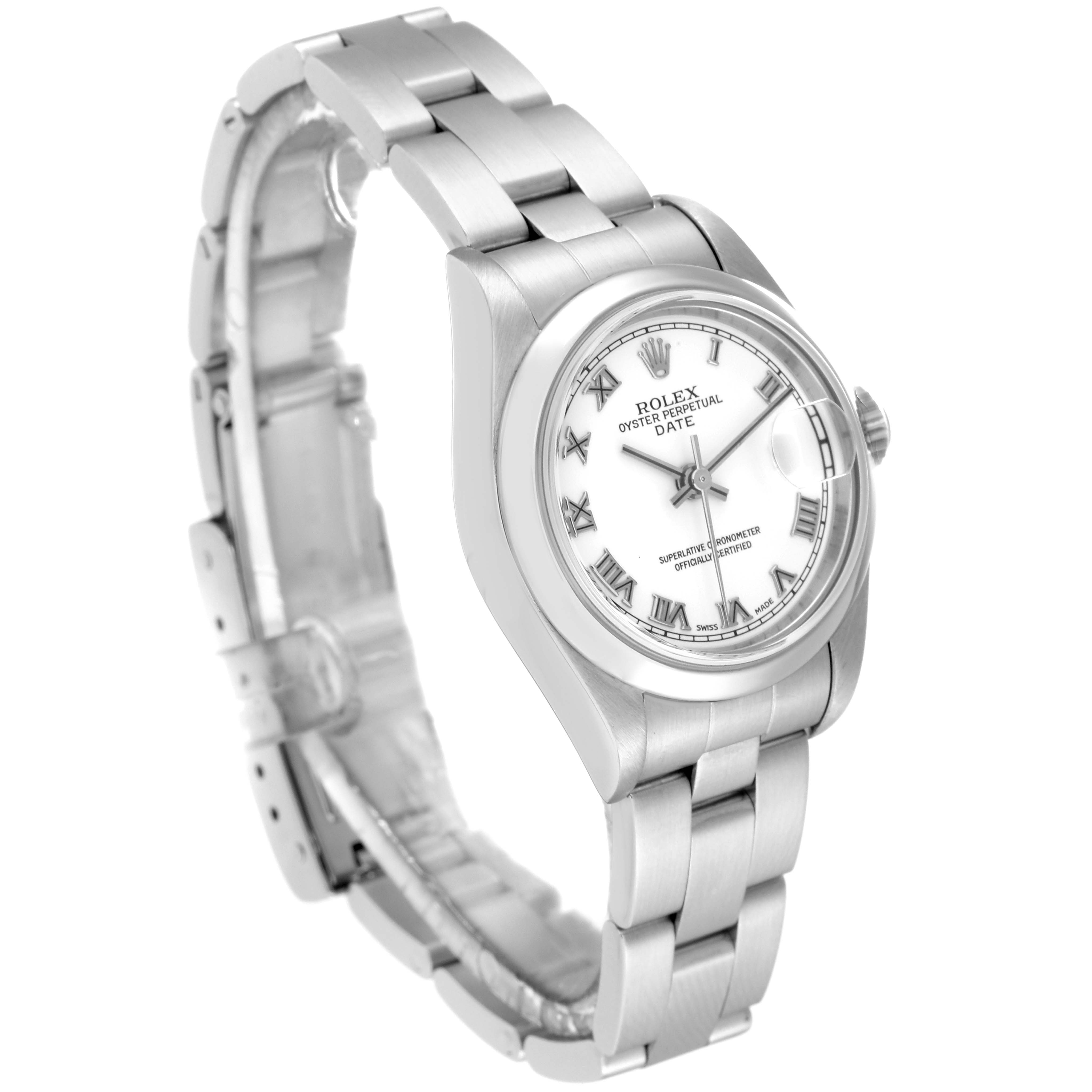 The image shows a side and front angle of a Rolex Date 79160 Women
s Stainless Steel White Dial 79160 Women
s Stainless Steel White Dial model watch, highlighting the face, bezel, crown, and bracelet.
