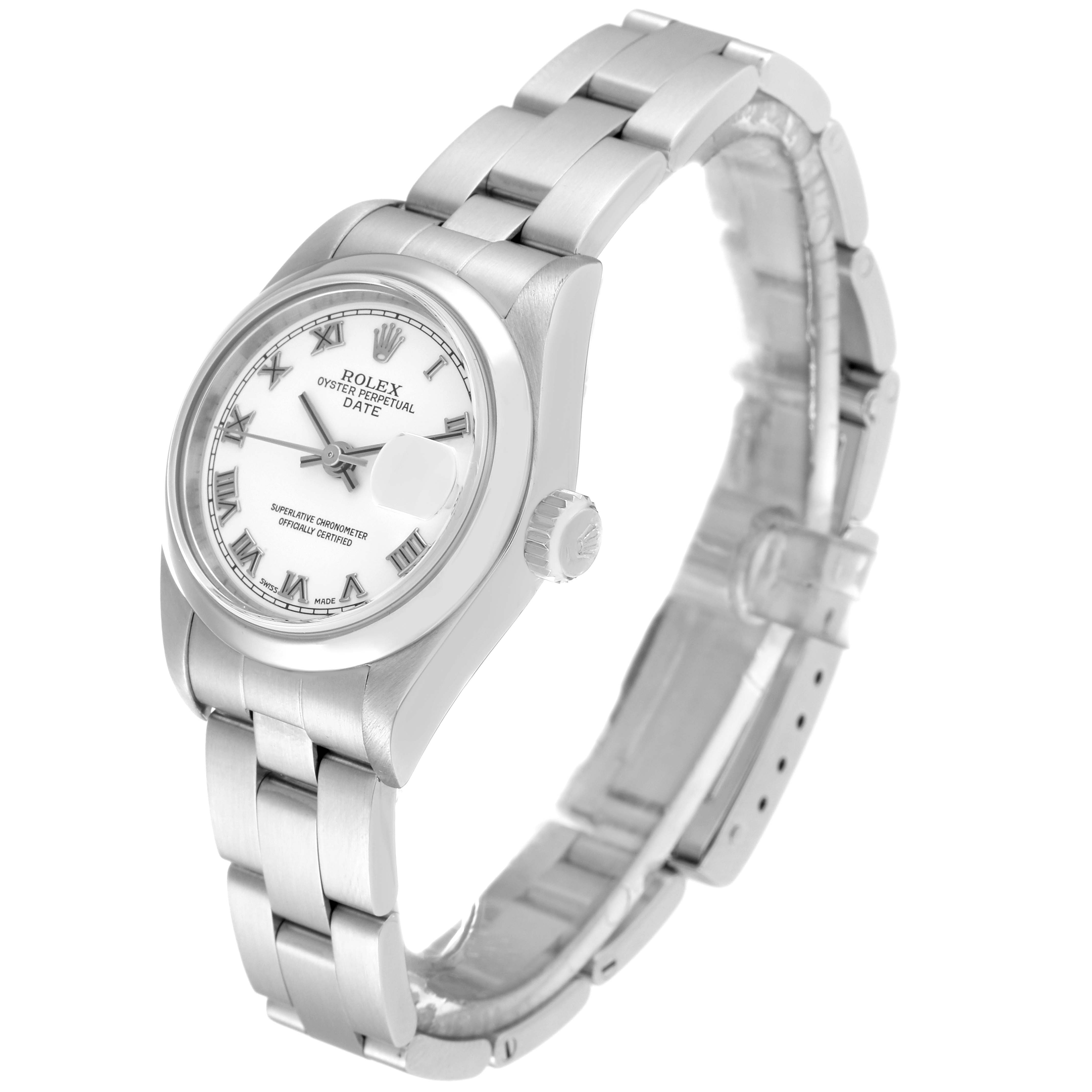 This image shows a side and angled view of a Rolex Date 79160 Women
s Stainless Steel White Dial 79160 Women
s Stainless Steel White Dial model, highlighting its bezel, crown, dial, and bracelet.